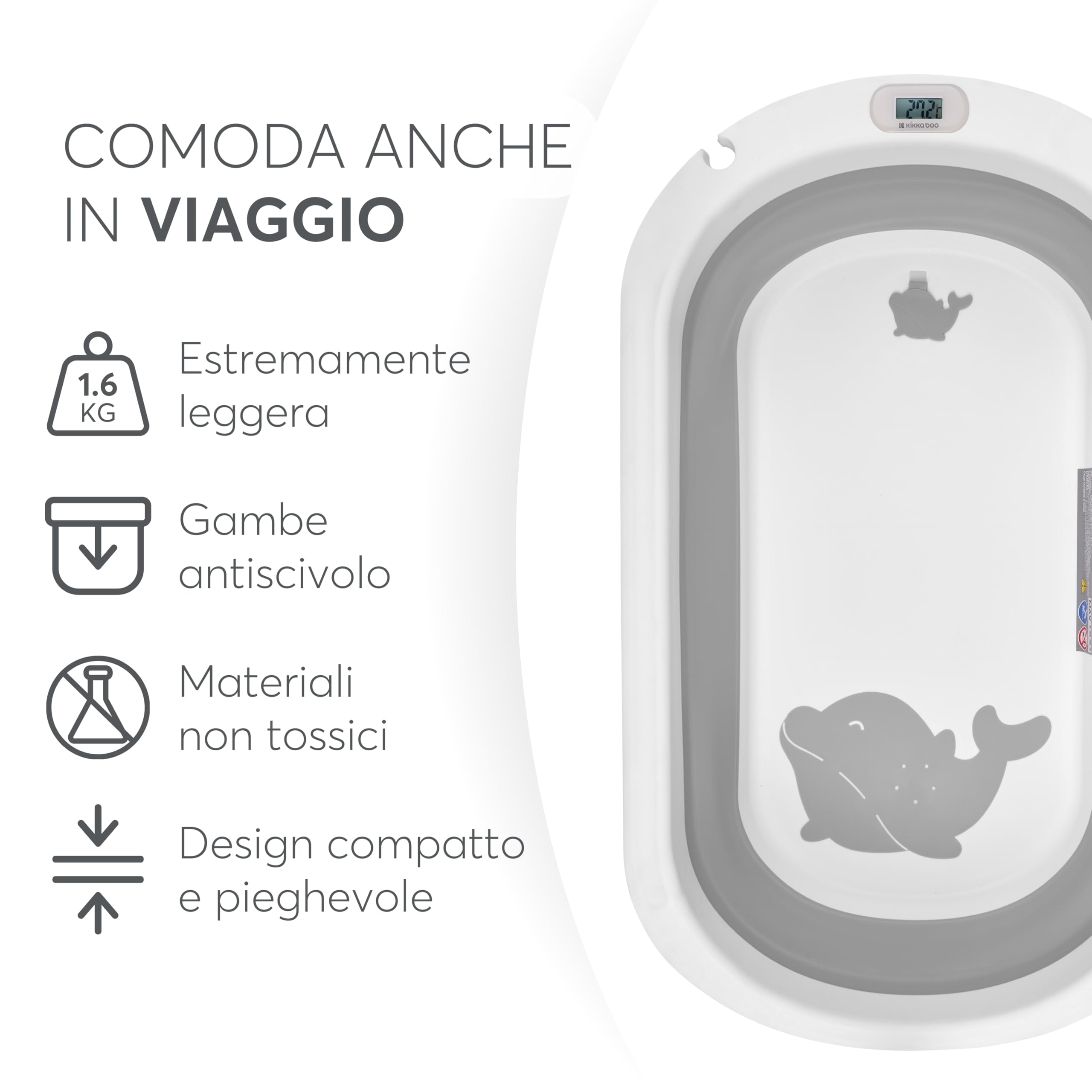 KikkaBoo Vaschetta Bagnetto Neonato Pieghevole WILLY, Salvaspazio con Termometro Integrato, Cuscino Morbido di Supporto, Gambe Antiscivolo, 0-36 Mesi, Regalo Nascita Bambino, Grigio