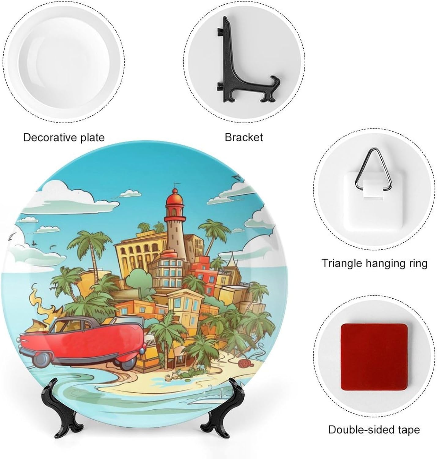 Island Of Cuba Bone China Decorative Plate with Display Stand, Ceramic Ornaments Plate for Wall Hanging, Personalized Porcelain Plates for Office, Living Room 8inch