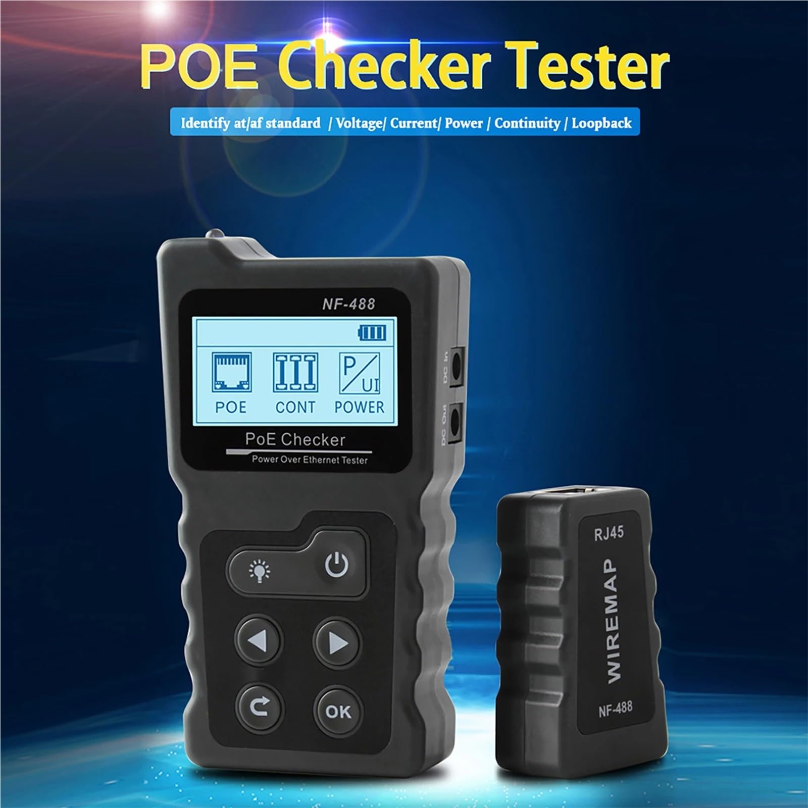 Tester kabli, Wielofunkcyjny tester kabli sieciowych LCD PoE Inline PoE Tester napięcia i prądu z testerem kabli Tester PoE
