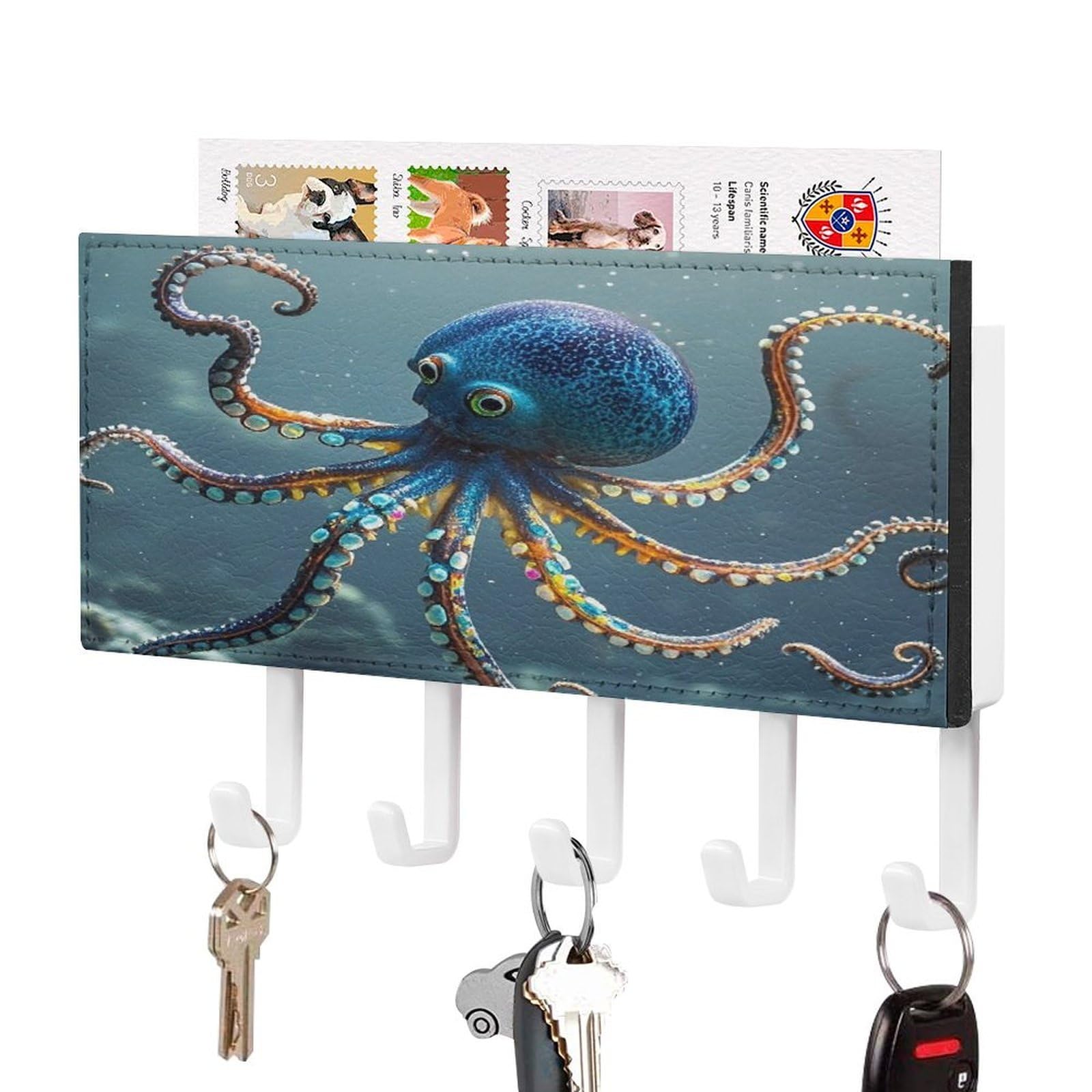 FekiLoot Octopus Key Holder Wall Mount Key and Mail Holder Key Hanger with 5 Hooks Decorative PU Key Rack Hanging Key Hooks for Wall Living Room Kitchen Bathroom Hallway White-Style