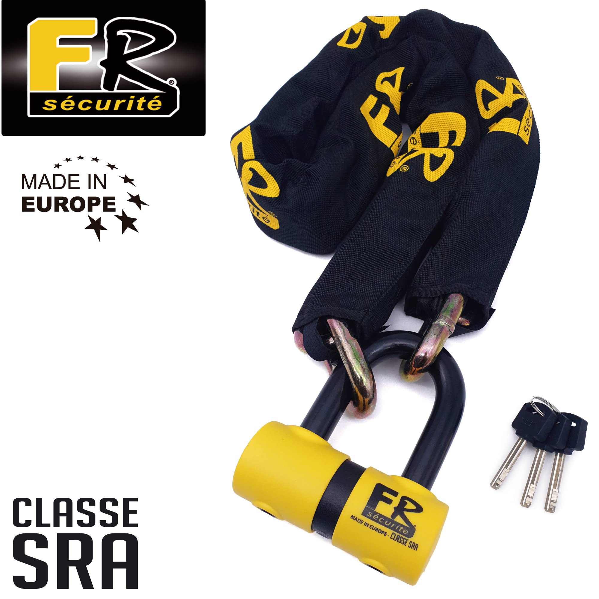 FR SECURITE FR50150 Cadena Alta Seguridad Antirrobo Moto + Candado Moto Disco Mini U ø13.5, 150cm Homologado Classe Sra, Robusto Antirobo Vesátil para Motocicleta, Scooter, Bici, Anclaje, Parking
