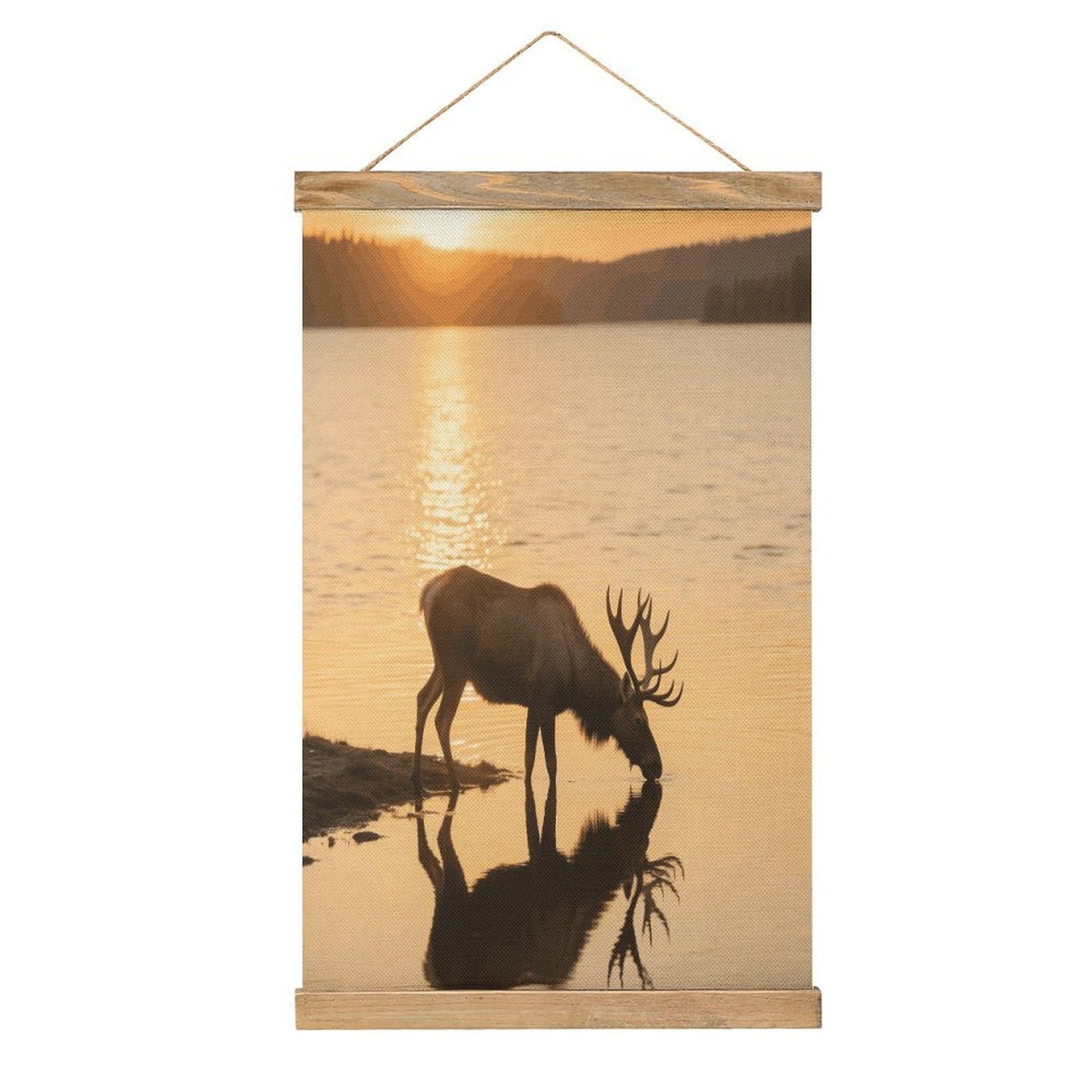 VstaDank Landscape Moose in The River Linen Hanging Painting Vintage Canvas Wall Art Poster Reading Nook Corner Decor Retro Wall Decor Prints for Library Reading Room Home 13.2 X 20.47 Inch