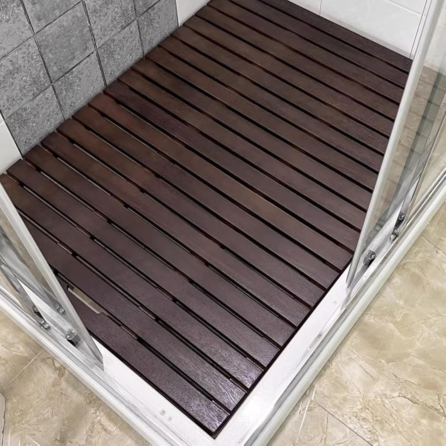 Alfombrilla de baño de Madera maciza Negra, peldaños de ducha para Interior y External, peldaños de baño Grandes antideslizantes, alfombrilla de desagüe de colocación Natural(40 x 50 cm)