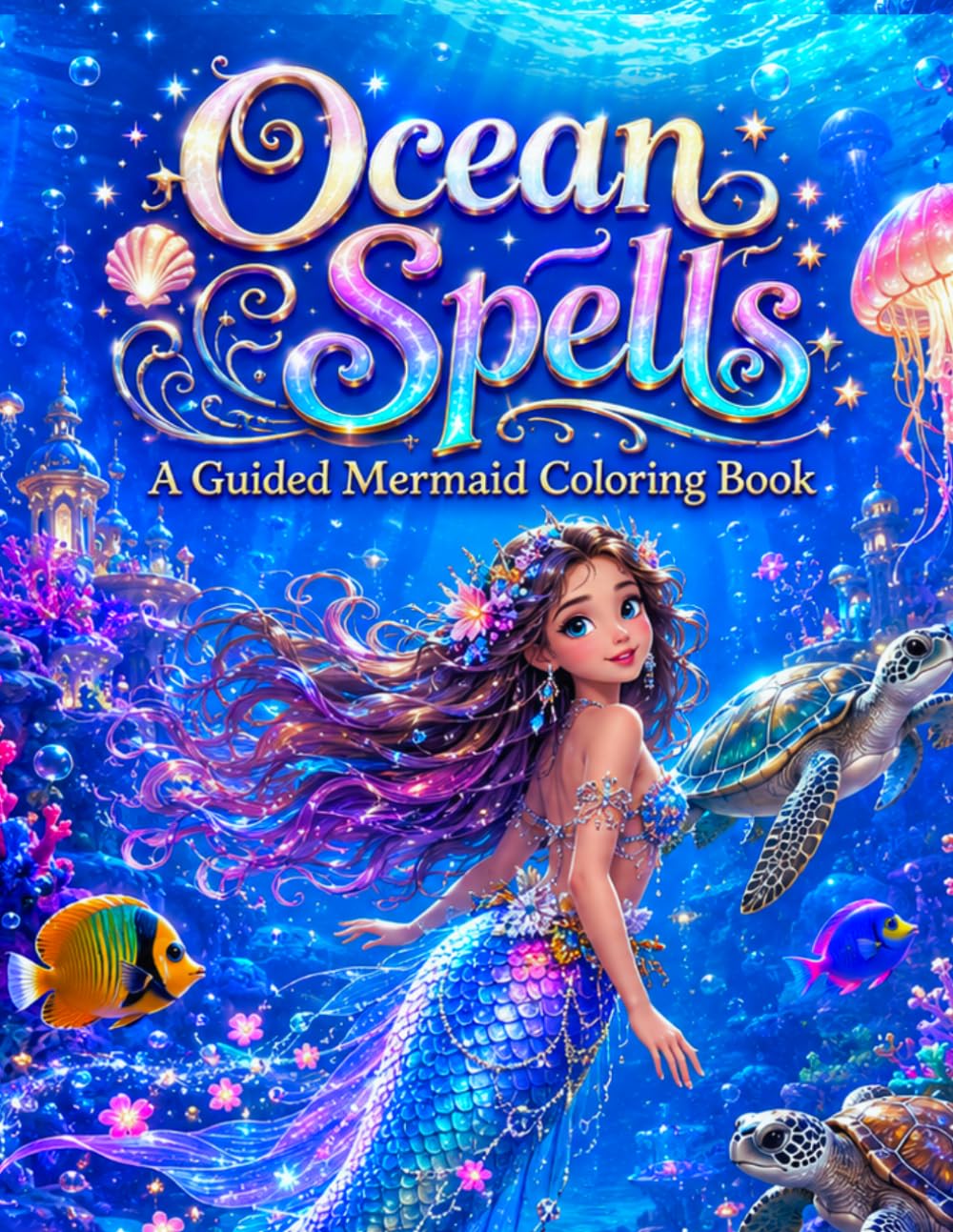 Ocean Spells: A Guided Mermaid Coloring Book: Full-Color Reference Pages with Matching Line Art — Magical Underwater Scenes, Sea Creatures & Fantasy Illustrations for Kids and Teens
