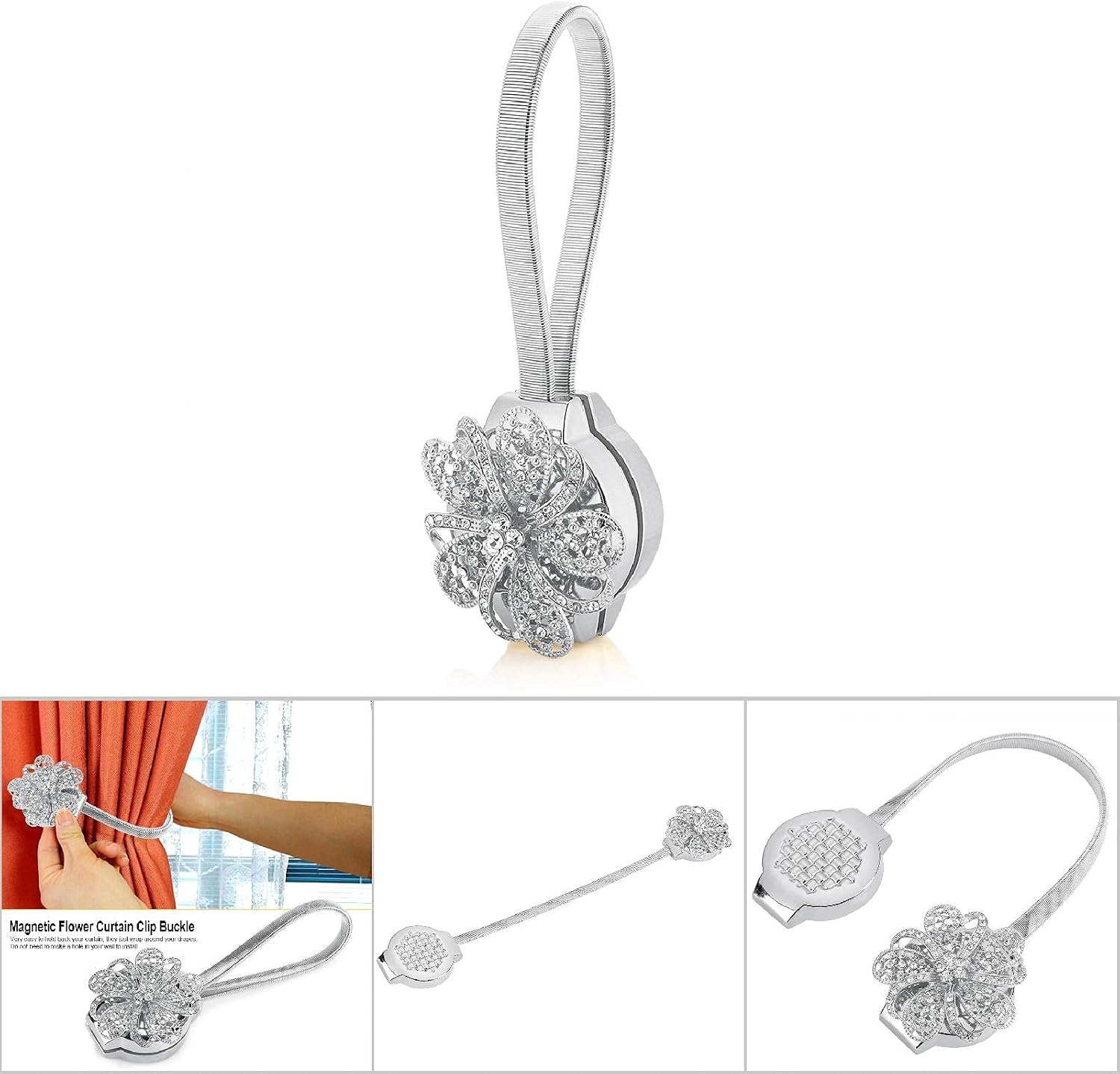 Magnetic Crystal Curtain Tiebacks with Stretchy Wire Rope Flower Buckle Clip for Living Room Bedroom Windows Silver Blossom Shape Holdbacks