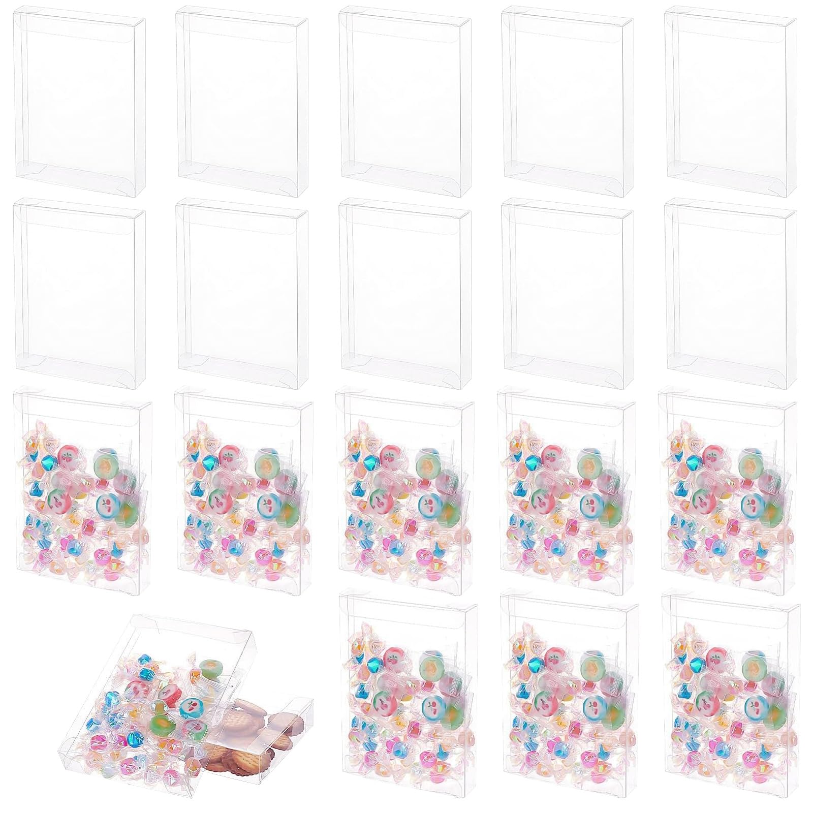 WOPPLXY 80 Pcs Clear Favor Boxes, 5 x 4 x 1.2 Inch Clear Cookie Boxes, Rectangle PVC Transparent Gift Box, Transparent Treat Boxes for Packaging Dessert, Candy,Wedding, Party , Valentine, Halloween