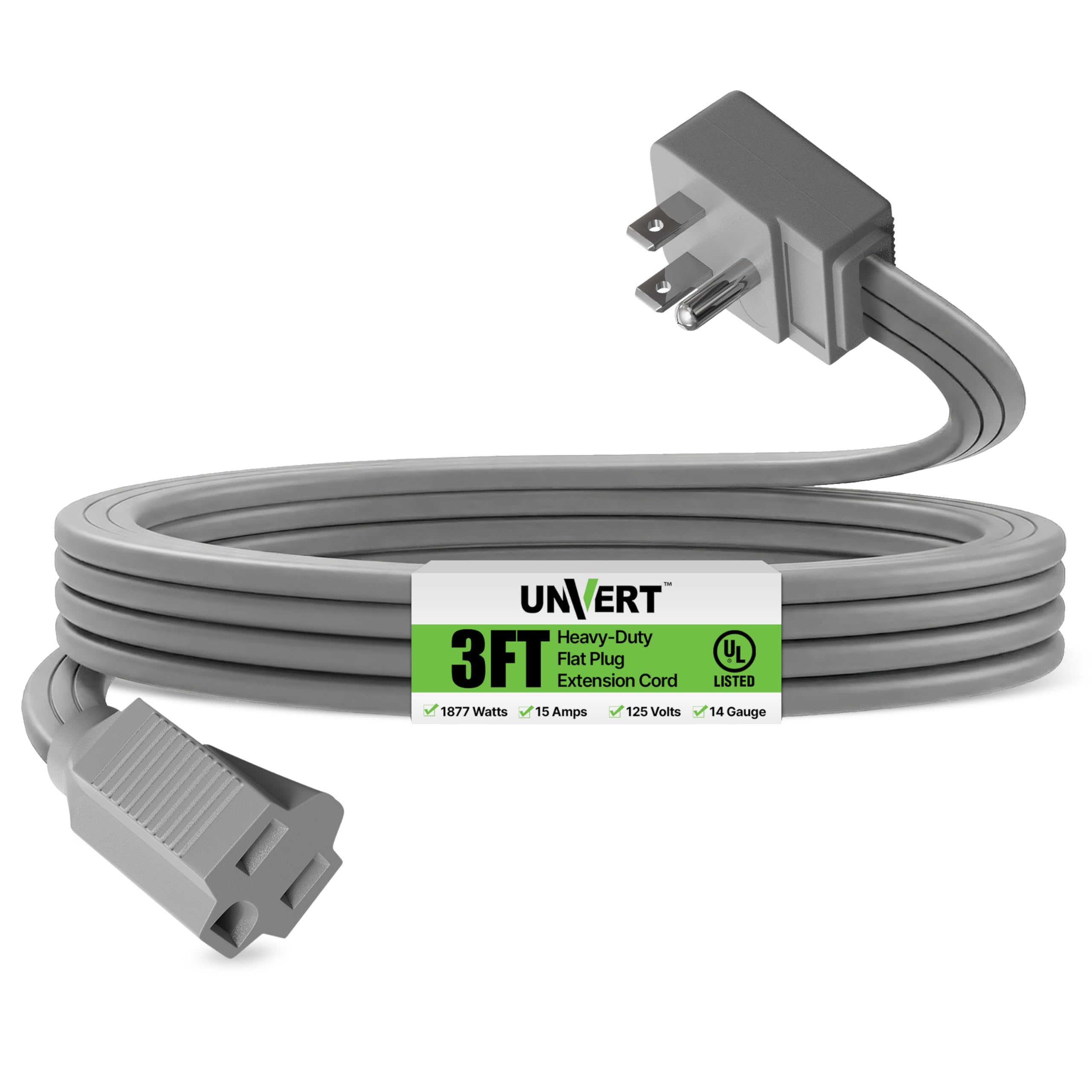 Heavy Duty Flat Extension Cord, 3 Ft Wire Gray Flat Plug for Air