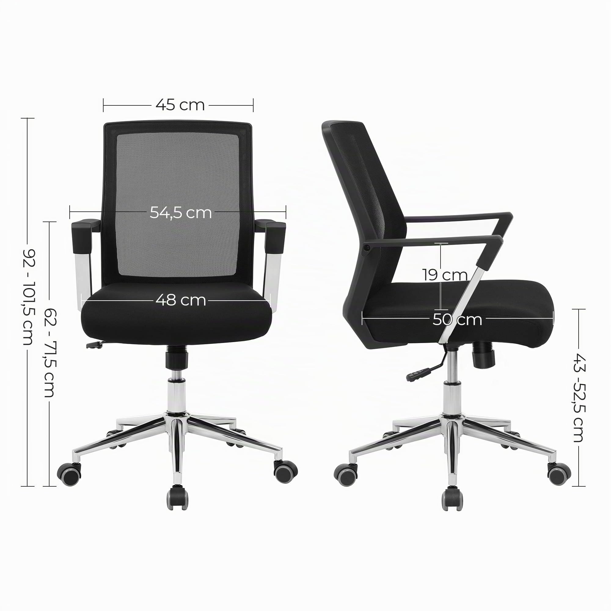SONGMICS Girevole, Sedia da Scrivania a Rete, Altezza Regolabile, Inclinazione ad Ondeggiamento, Max Portata 150 kg, per Studio Ufficio, Nero OBN83B, Metallo, 6155102