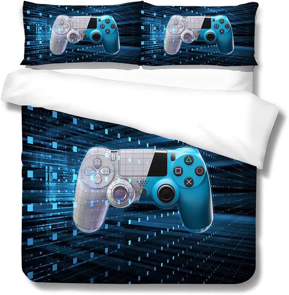 Juego De Cama Funda De Edredón Funda Nórdica Cama 90/105/135/150 Gamer Juvenil Chico Niño Adulto 3D Gamepad Video Juego Azul Negro Púrpura Rojo Amarillo Verde Moderno (B,Cama 90/100 180x220)