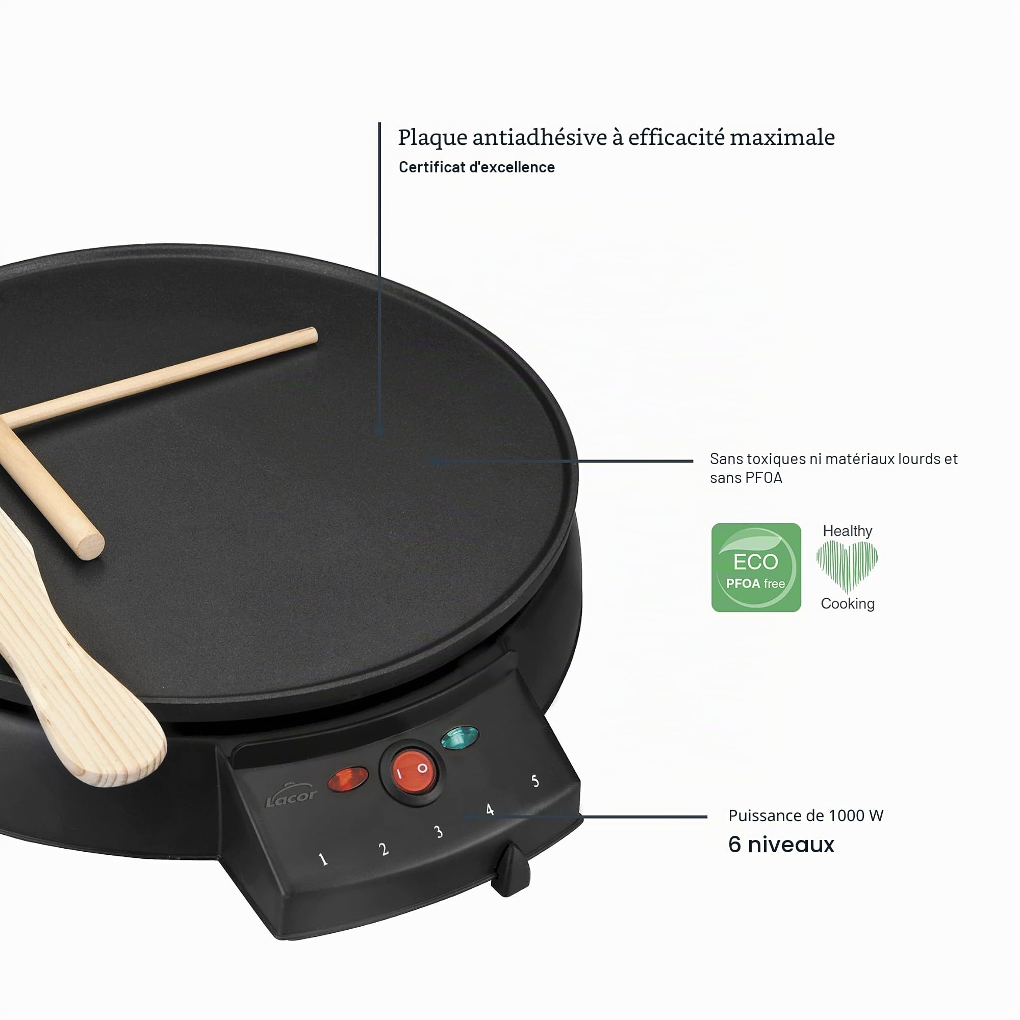 Lacor 69122 - Crêpier électrique noir, plaque pour crêpes, base