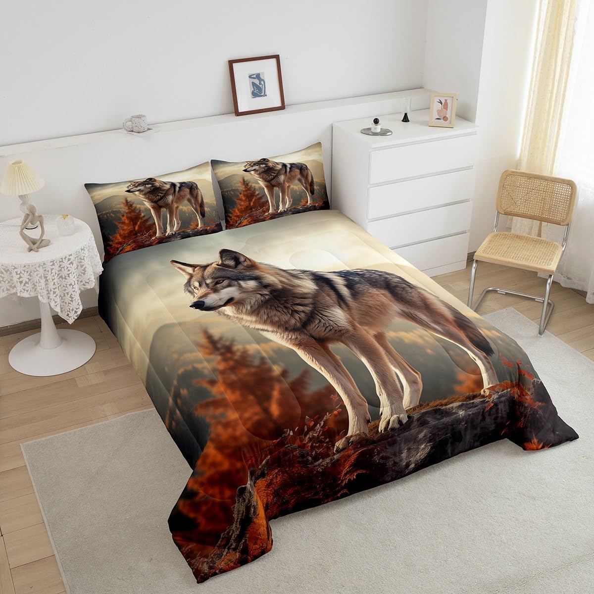 Castle Fairy Grey 3D Wolf Comforter Set King Size Wildlife Animal Bedding Set Bedroom Decor Pine Tree Mountain Quilt Set Breathable Nature Sunset Duvet Insert with 2 Pillowcases