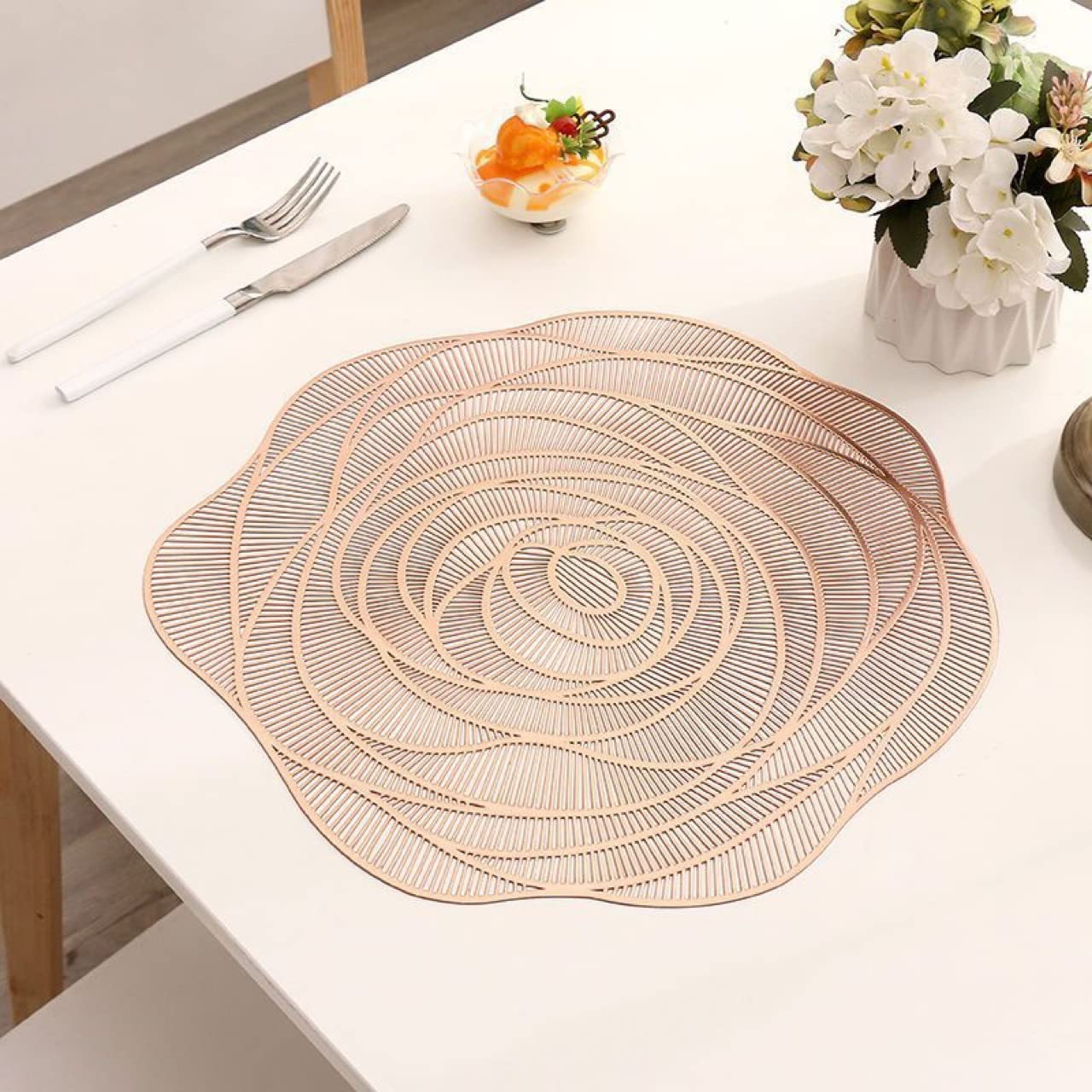 Hosoncovy 4 Pack Rose Placemats Table Mats Set Washable PVC Non-Slip Heat Resistant Table Place Mats Dinner Mats Wood Grain Meal Mat for Kitchen and Dining Room for Forest Wedding (Rose Gold)