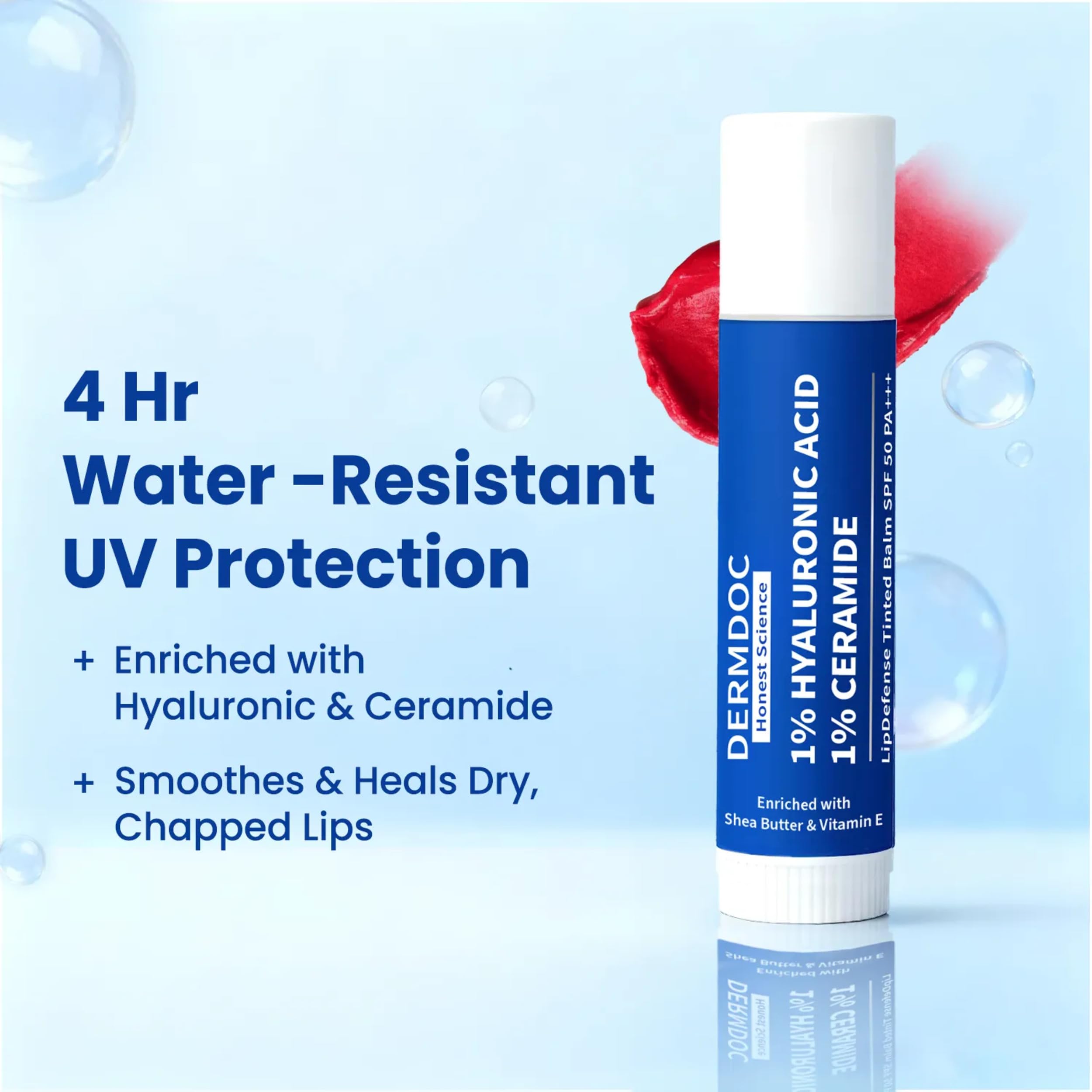 DermDoc 1% Hyaluronic Acid + 1% Ceramide Berry Tinted Lip Balm SPF 50 PA+++ 4 gm| Hydrates, Repairs & Protects Lips | UV Defense + 4 Hr Water Resistance | High Tint Coverage | Deep Moisturization | Sun Protection| Enriched with Shea Butter & Vitamin E 4