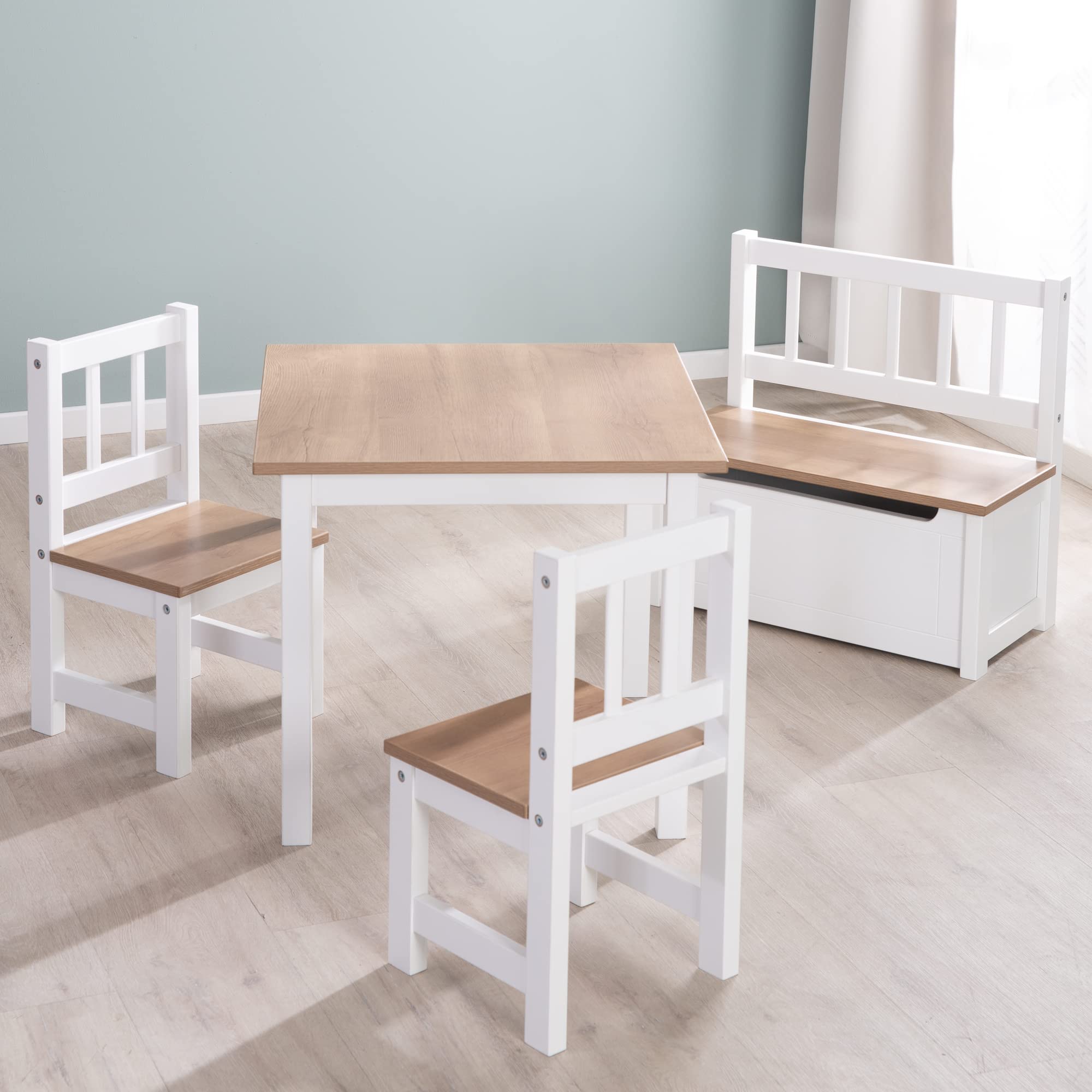 roba Ensemble Table et 2 Chaises Enfants Woody - Plateau et assises en Aspect Bois - Résistants aux Rayures - pour Filles et Garçons de 2 Ans et Plus - Blanc