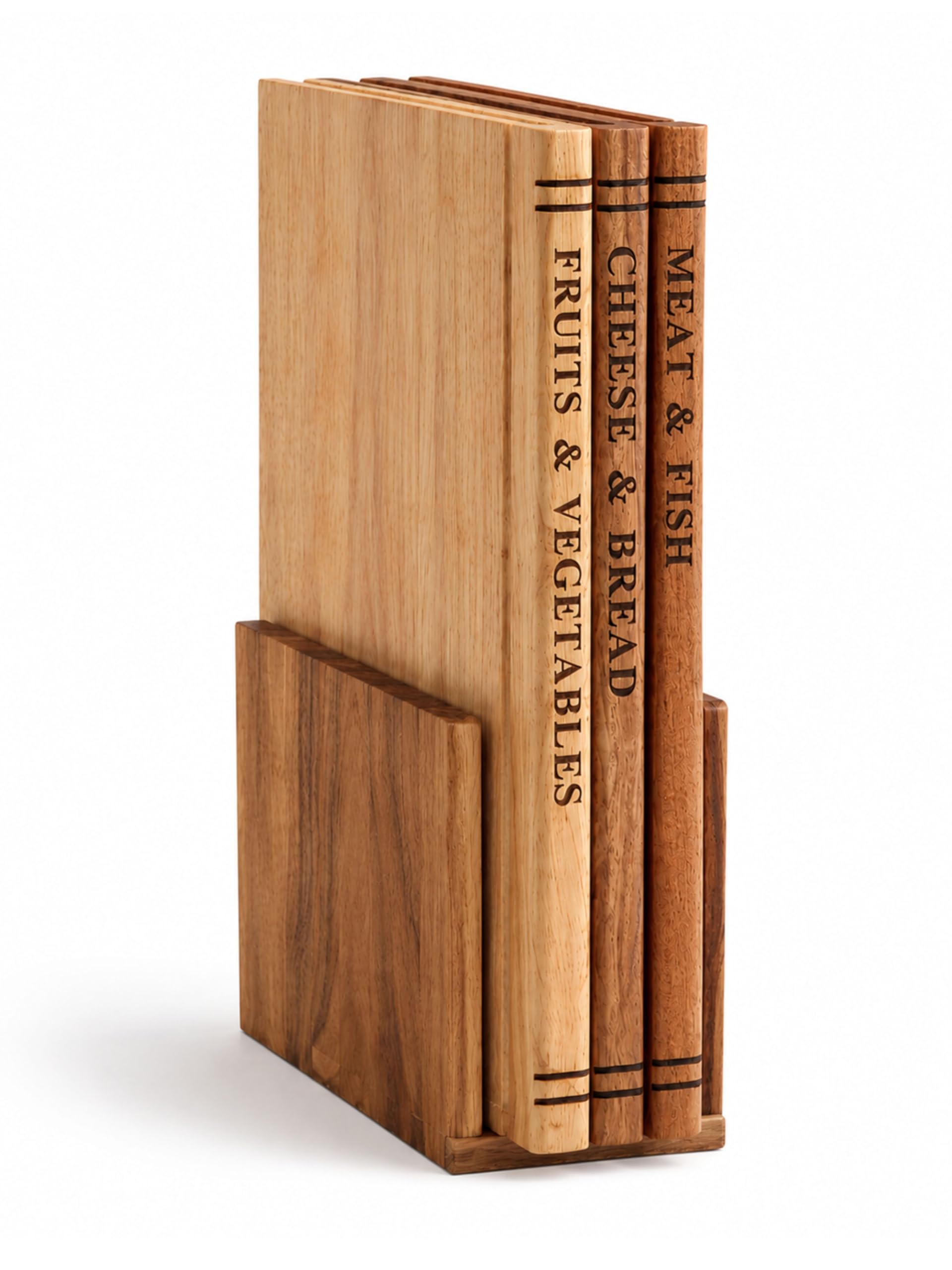 Set Taglieri da Cucina in Legno con Supporto – 3 Taglieri in Rovere, Acacia ed Ebano – Tagliere Legno Massello per Cucina con canalina – Senza Plastica, Design Salvaspazio in Stile Libreria