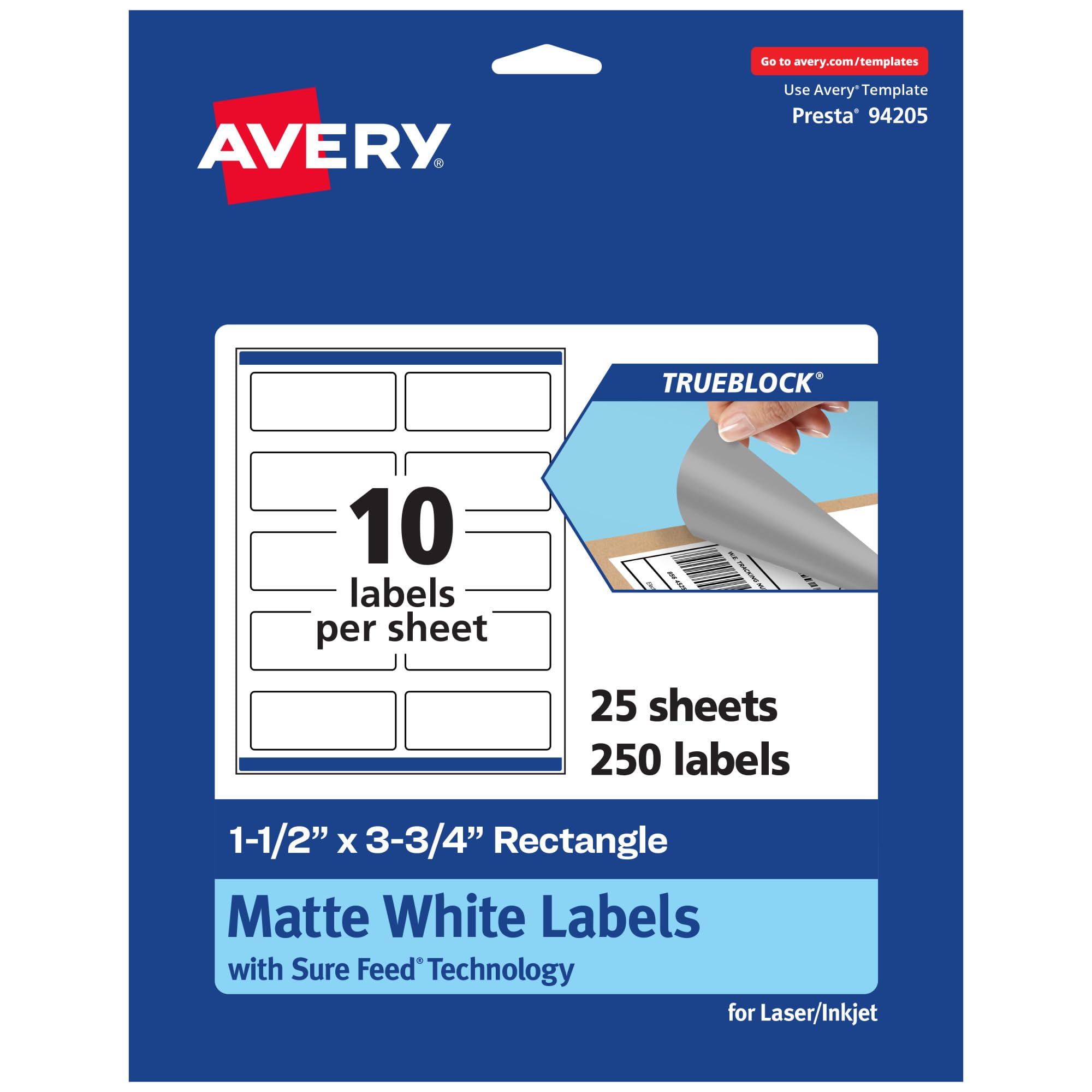 Avery TrueBlock Matte White Rectangle Labels, Sure Feed Technology, 1.5" x 3.75", 250 Matte White Labels, Print-to-The-Edge, Laser/Inkjet Printable,