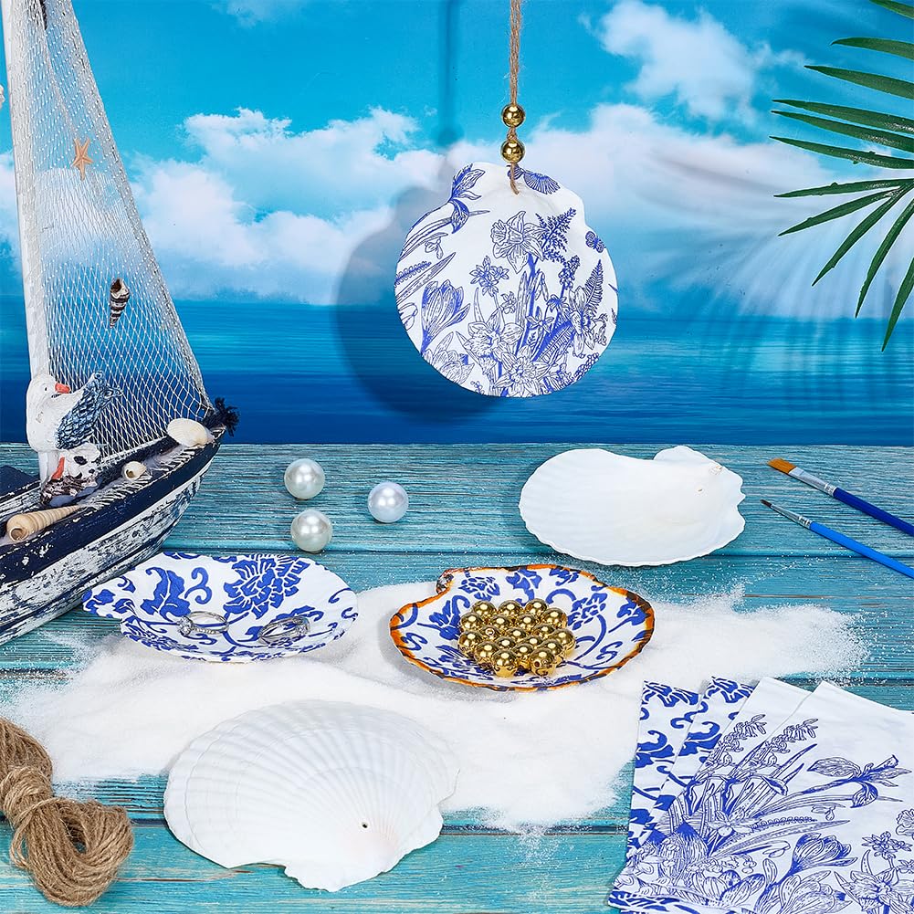 PH PandaHall 12 Set Kit Decoupage Conchiglie di Capesante Grandi Conchiglie Naturali con 24pz Carta per Decoupage 10m Corda 2pz Pennelli 30pz Perline Dorate per Artigianato Fai Da Te