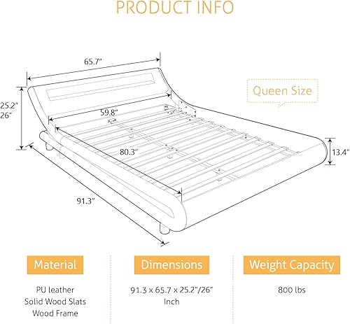 Miniatura 2 de SHA CERLIN - Base de cama Queen con cabecera LED ajustable - Diseño de trineo de perfil bajo, soporte de listones de madera resistente y base para
