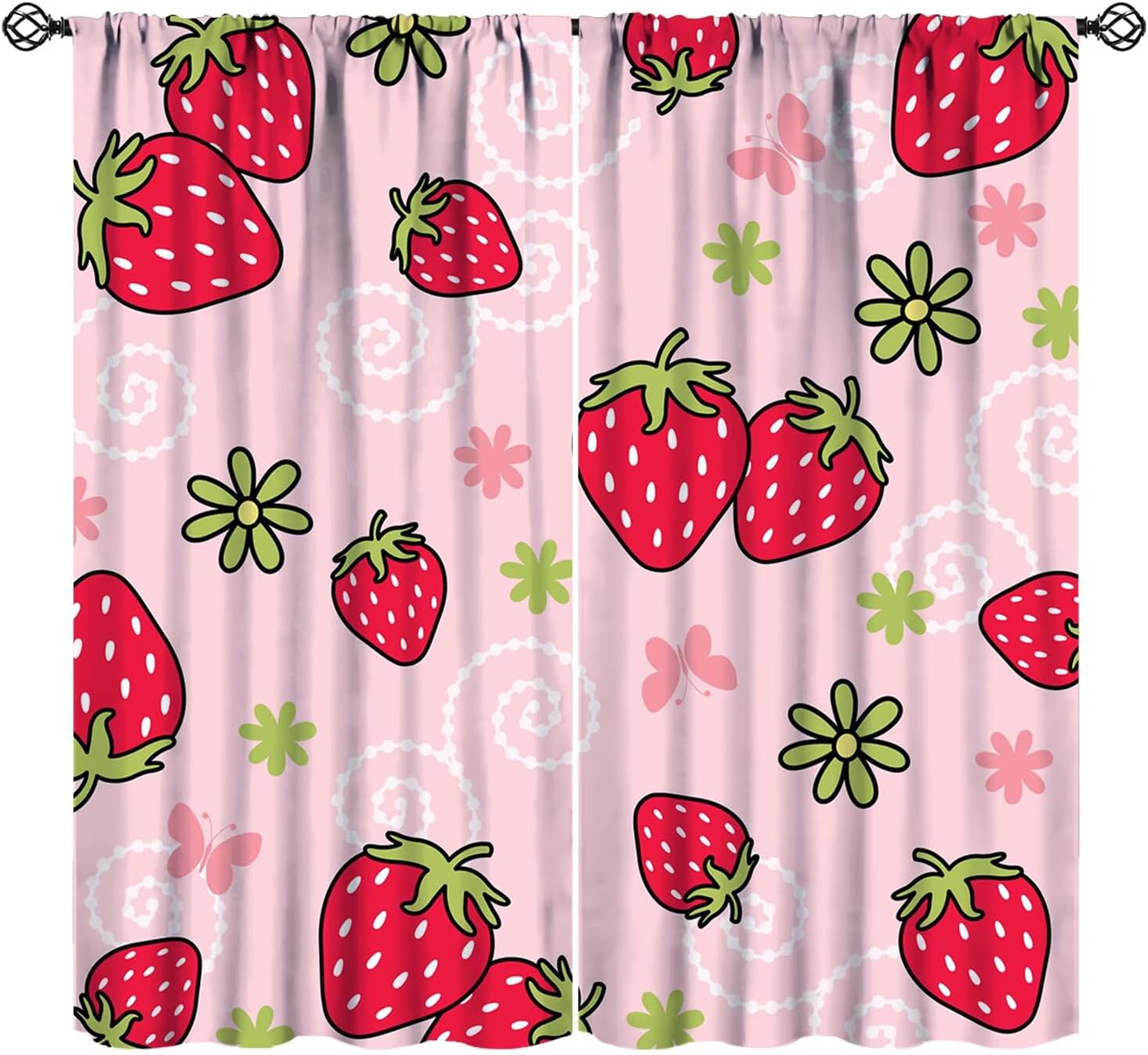 Fruit Blackout Curtains,Cute Cartoon Pink Strawberry Pattern Drapes Window 2 Panel Rod Pocket Curtain for Bedroom Living Room Decor 21" W X 45" L
