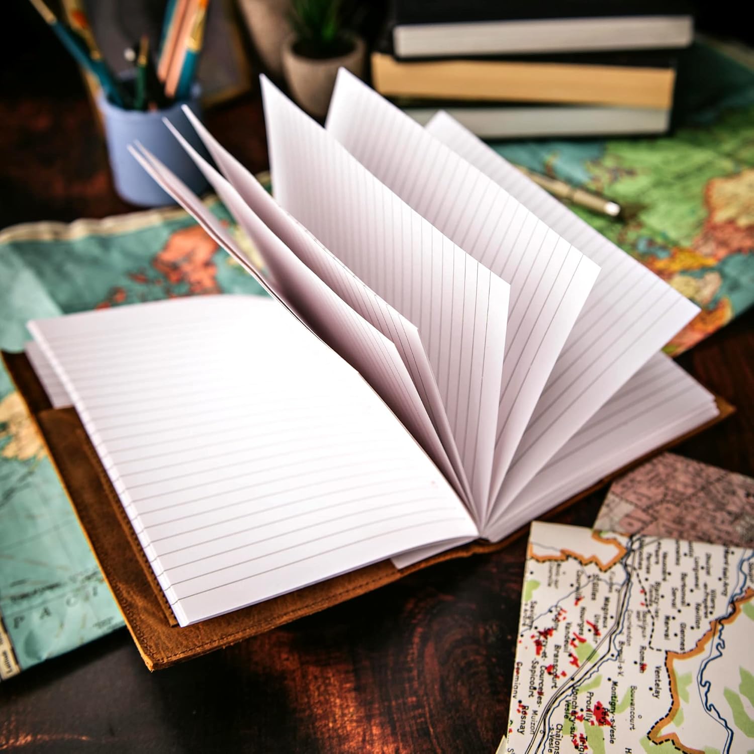 Travel Journal Series by Modest Goods - Refillable Leather Cover and A5 Notebook - Travel Accessories for Men & Women - Great for Traveler Adventure Journal, Vacation Scrapbook, Planner (Compass)