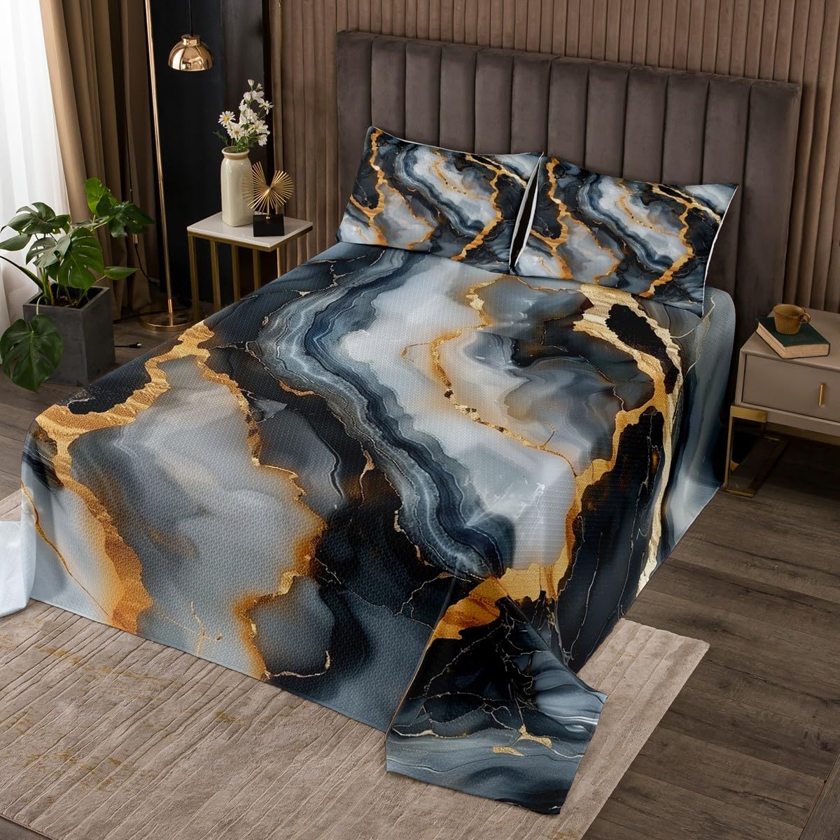 Abstract Stone Texture Artwork Bedspread Queen Size Bedding for Teens Living Room Marbling Decor Coverlet Set Golden Marble Modern Fashion Quilt Set for All Season,3 Pcs with 2 Pillowcases