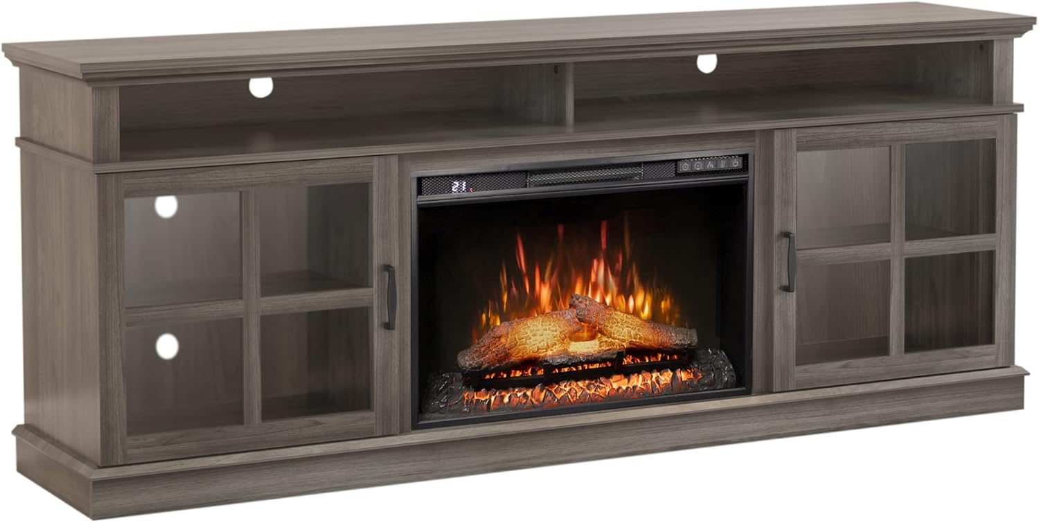 72" Fireplace TV Stand for TVs Up to 80", Entertainment Center with 26" Electric Fireplace, 6 Levels Brightness Control with Remote, Modern Farmhouse Cabinet Console Glass Door, Grey