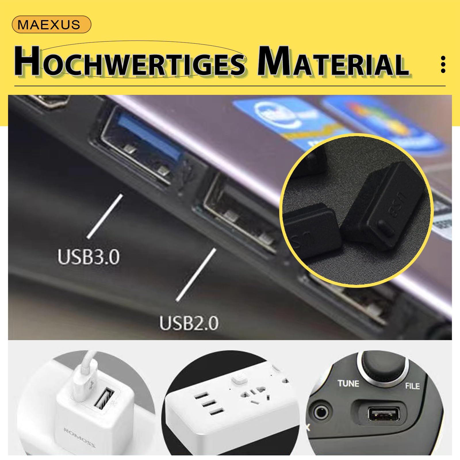MAEXUS Nasadka ochronna USB, zestaw 36 wtyczek przeciwpyłowych, ochrona przed kurzem USB C, stoper przeciwpyłowy typu C, miękka osłona na port micro USB, osłona ochronna do portu USB, USB A, typ C