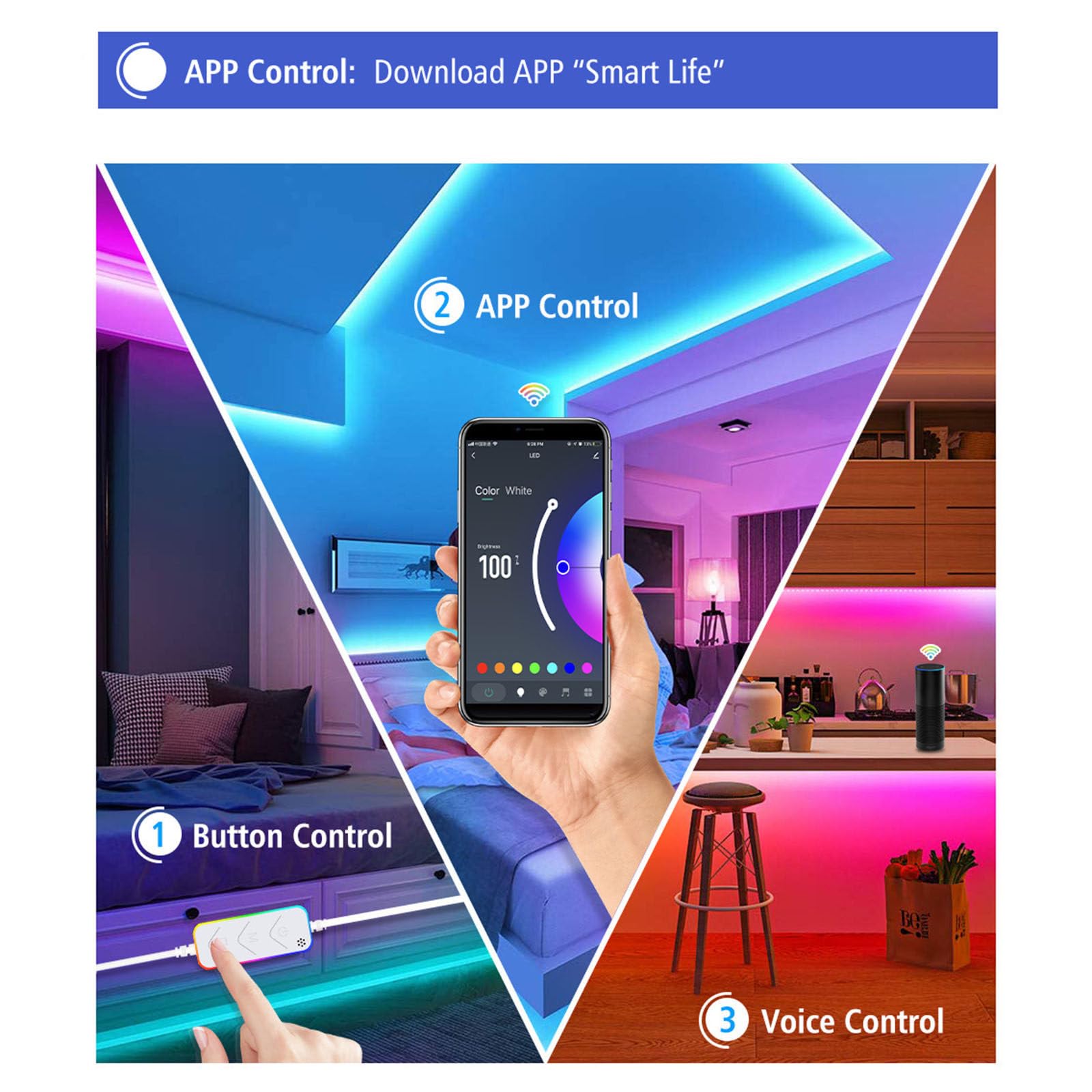 Teclas 12V de la luz LED de la música IP20 de la Tira de la luz Elegante 5050RGB de WiFi, controlada por el App Bluetooth,10M