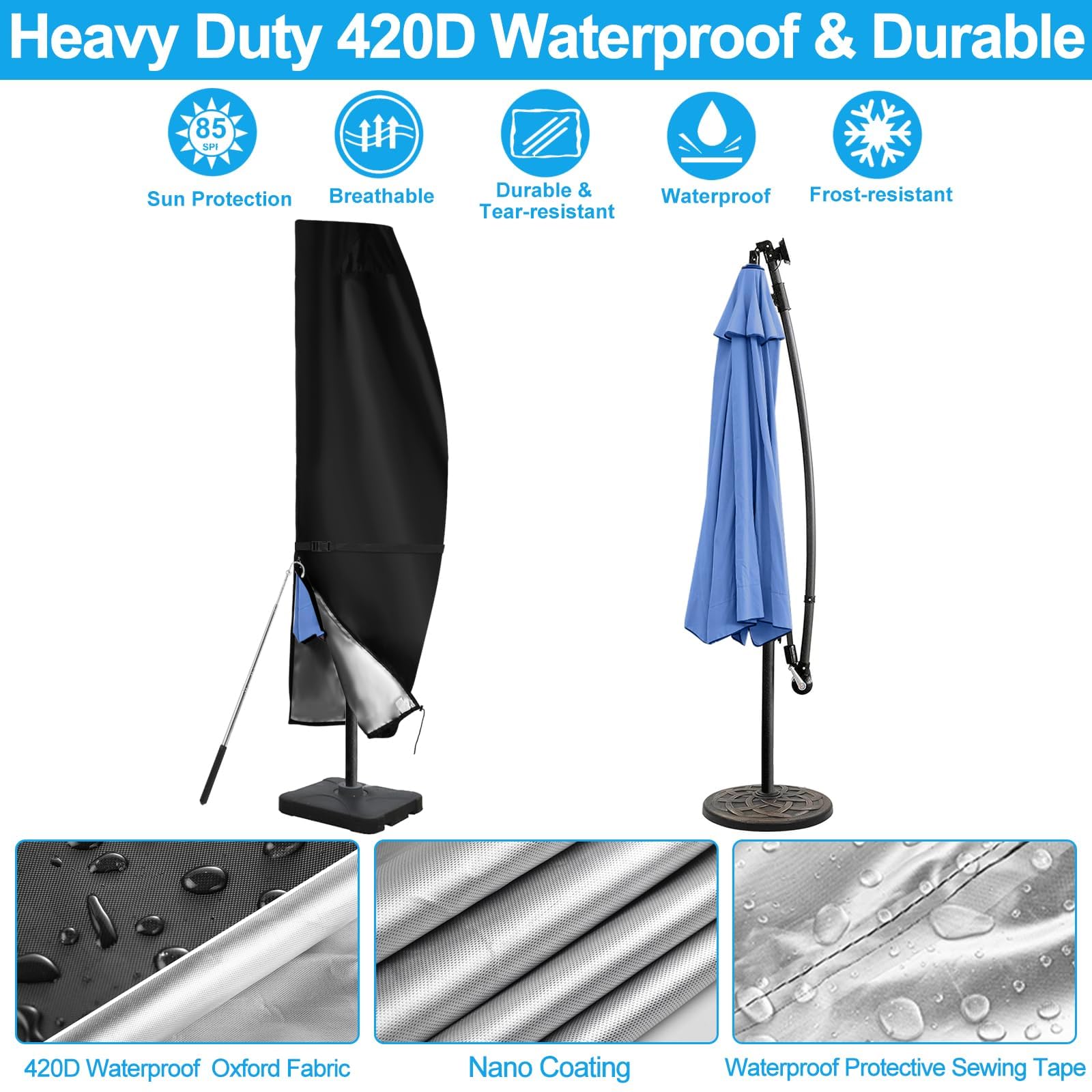 Funda impermeable 420D para sombrilla de patio de 9 a 12 pies, con cremallera impermeable resistente y ventilación superior, se adapta a la cubierta de sombrilla voladiza al aire libre