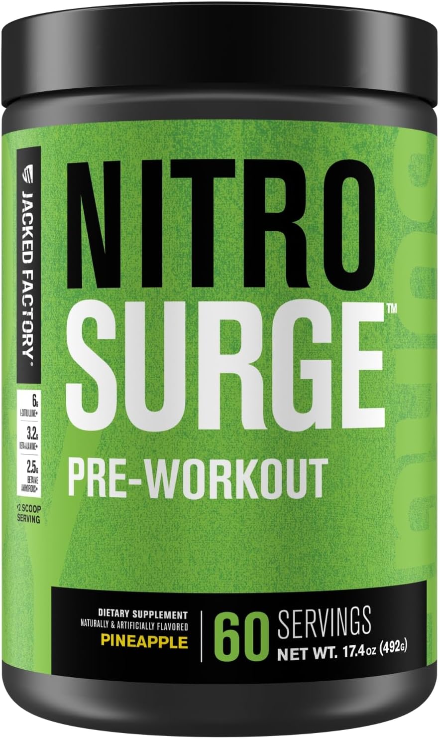 Jacked Factory NITROSURGE Pre Workout Supplement - Energy Booster, Instant Strength Gains, Clear Focus, & Intense Pumps - NO Booster & Powerful Preworkout Energy Powder - 60 Servings, Pineapple