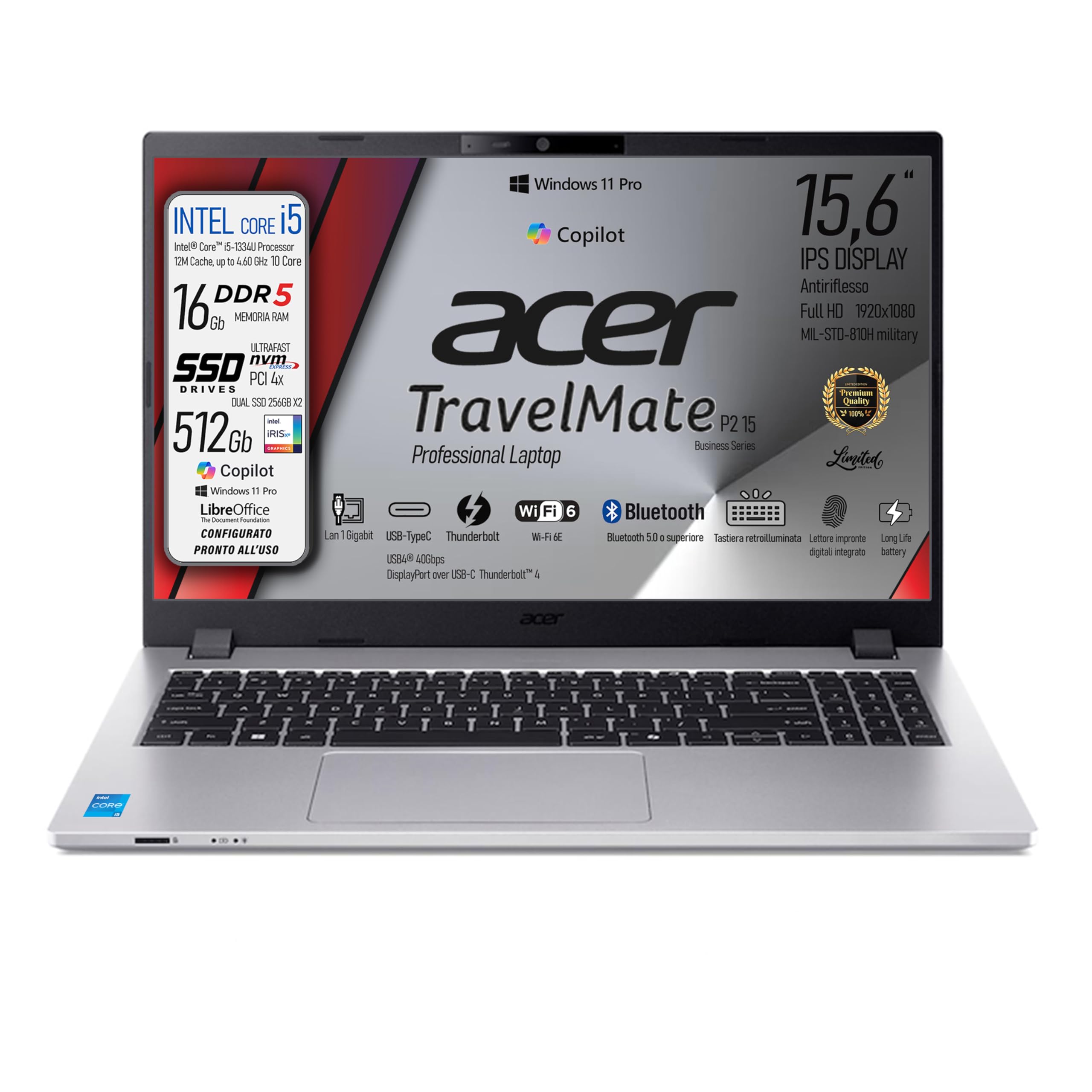 Acer Notebook Core i5-1334u, Display FHD IPS 15,6", Ram 16Gb DDR5, SSD 512Gb (256Gb x 2), Wi-Fi6e, BT, 4 Usb, 2 type-C Thunderbolt, tastiera retroilluminata, fingerprint, Win 11Pro, Ready to use