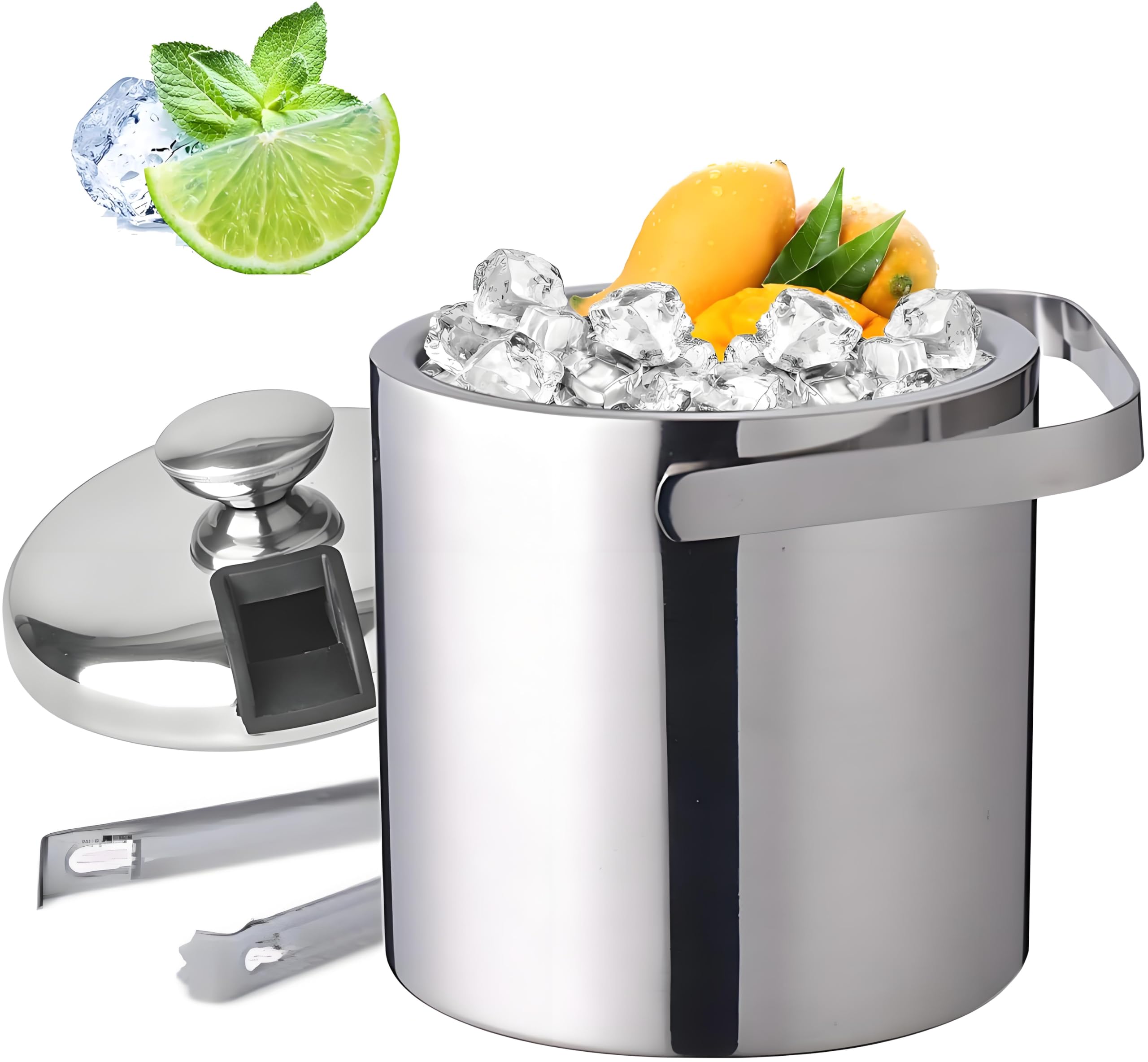 Eiskübel 1.3L, Edelstahl Eiswürfelkühler mit Luftdichtem Deckel Sieb und Eiszange, Doppelwandig Isoliert Eisbehälter für Eiswürfel, Edelstahl Eiseimer für Sekt, Cocktailbar, Parties & Outdoor