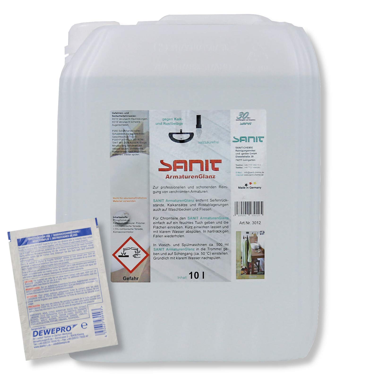 DEWEPRO-Set: SANIT ArmaturenGlanz (3012) - 10l Nachfüllkanister - zur professionellen und schonenden Reinigung von verchromten Armaturen, inkl. 1 St. DEWEPRO® Single Scrubs