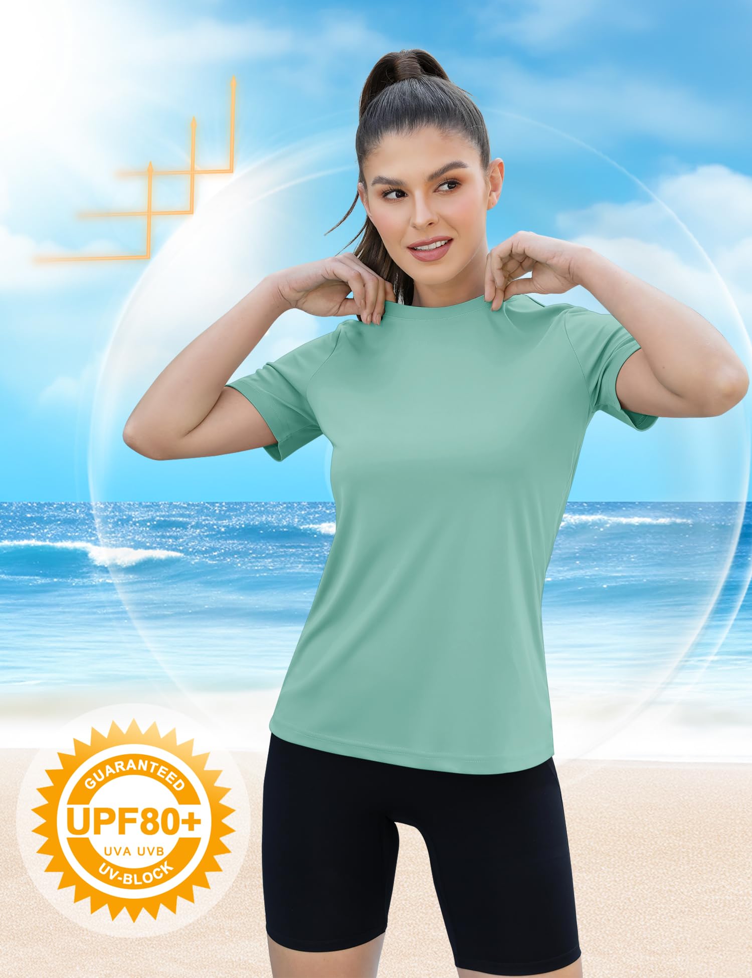Rapbin Camiseta deportiva para mujer, manga corta, UPF 50+, básica, ligera, transpirable, funcional, deportiva, cuello redondo, camiseta deportiva para mujer, holgada para fitness, camiseta de correr