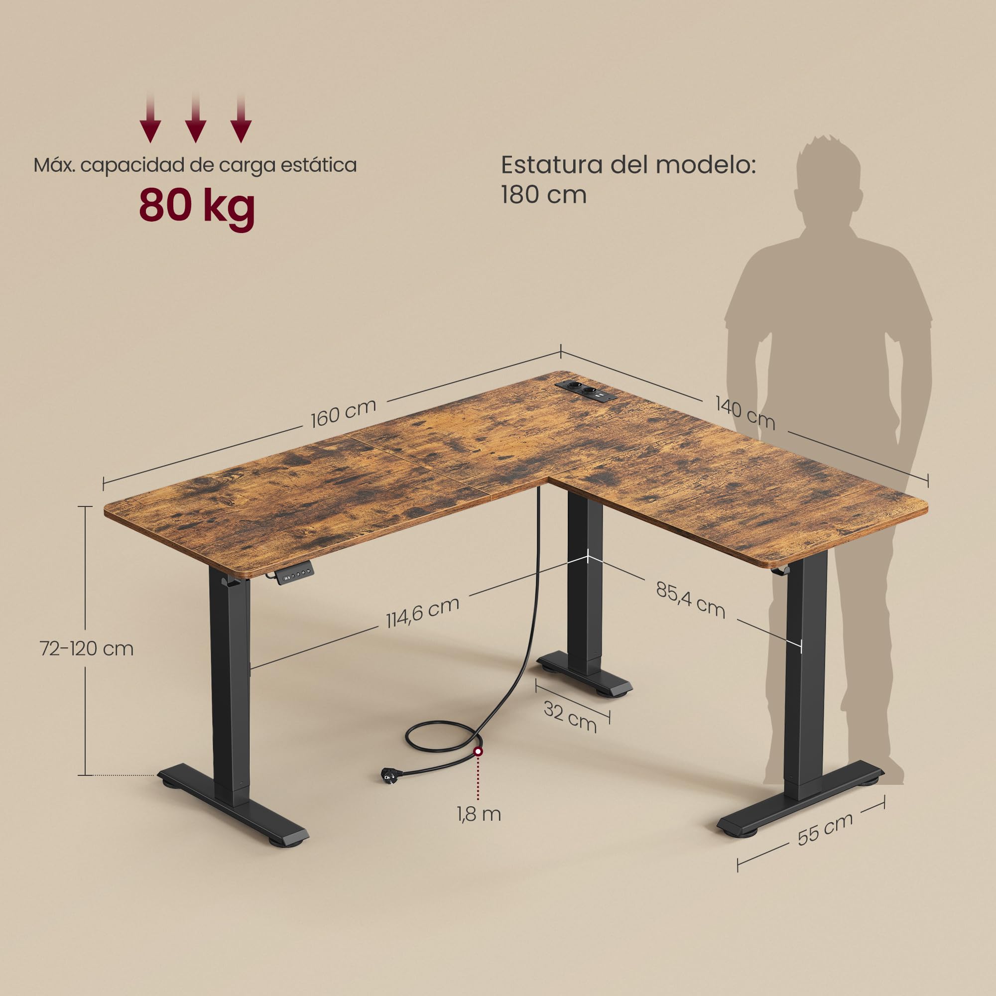 VASAGLE Escritorio Eléctrico Regulable en Altura, Escritorio en Forma de L, 140 x 160 cm, con Estación de Carga, Función de 2 Memorias, para Oficina Casa, Marrón Rústico y Negro Tinta LSD264K01