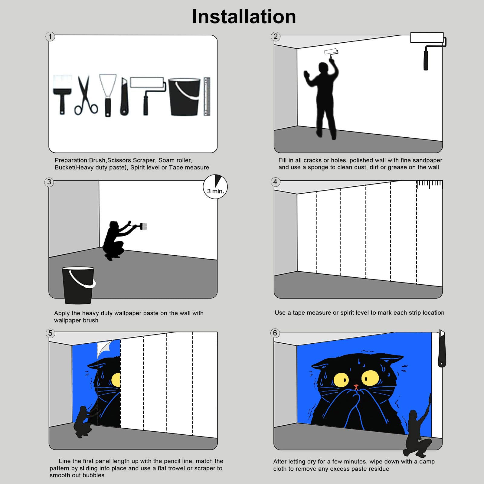 Vlies Fototapete Lustige schwarze Katze Cartoon-Katzen 250x175cm - Fototapeten - Tapeten - für Wohnzimmer Schlafzimmer - Vliestapete Wandtapete Tapete 3D Effekt- Tapetenkleister erforderlich
