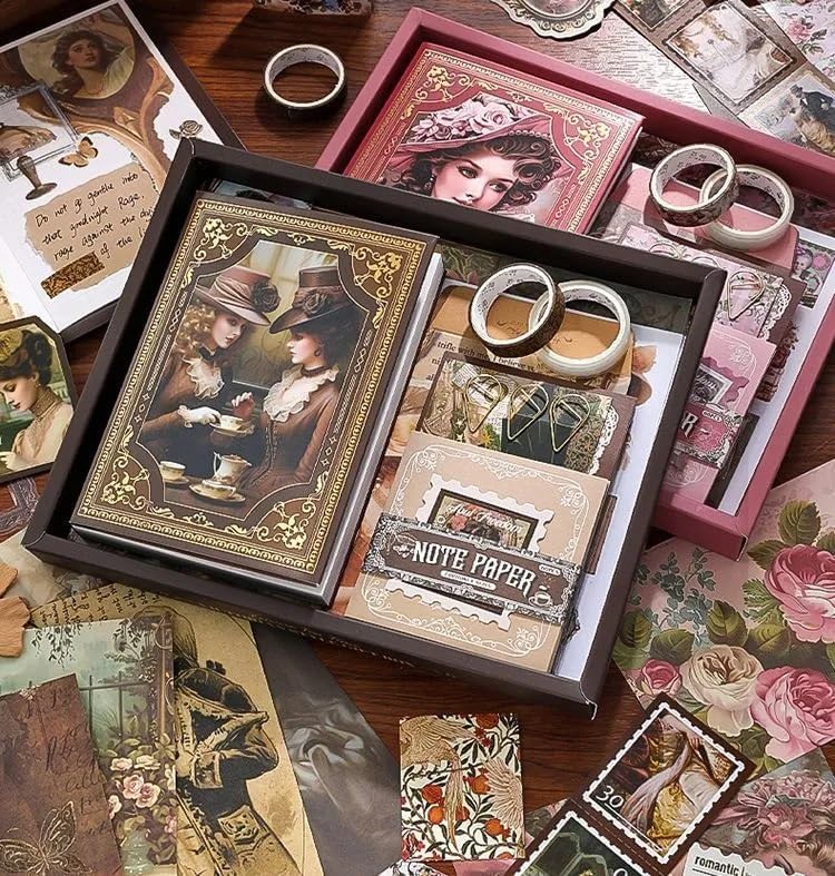 Image of GKN Scrape Book Kit 346pcs Vintage Journal Scrapbook Pack Kit For Art Journaling Bullet, Planners Diy Paper Stickers, Craft Kits Notebook, Collage Album Aesthetic Sticker Scrapebooking Album (Brown Victorian)