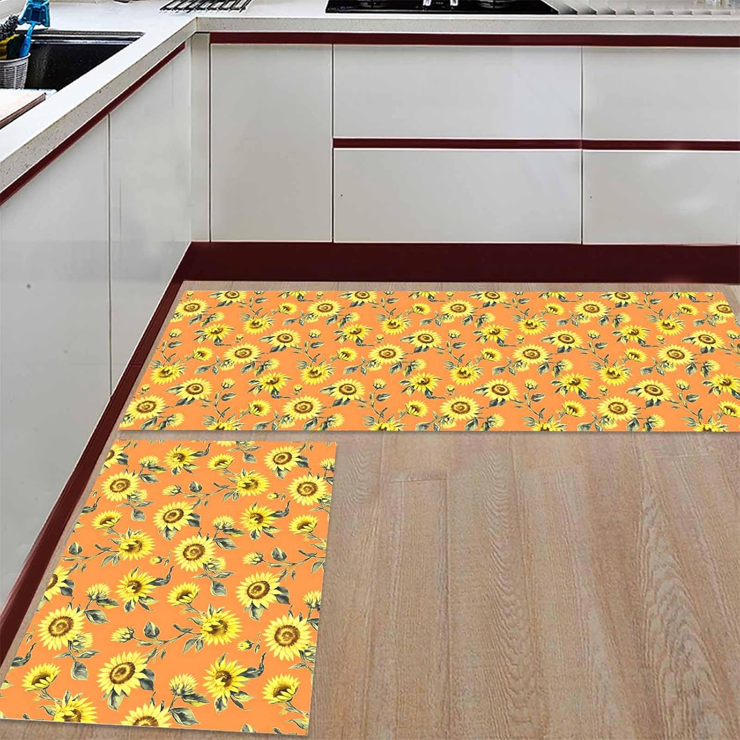 2 Pieces Kitchen Rugs and Mats,Summer Watercolor Seamless Sunflower Area Runner Rug Set Non Slip Floor Doormat Washable Carpet Standing Mat for Kitchen Sink Indoor Corridor,Vintage Orange Background