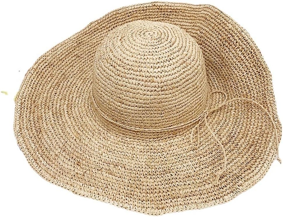 Handmade Raffia Crochet Randomly Folded Wide Brim Beach Sun Hat Seaside Travel Photography Vacation
