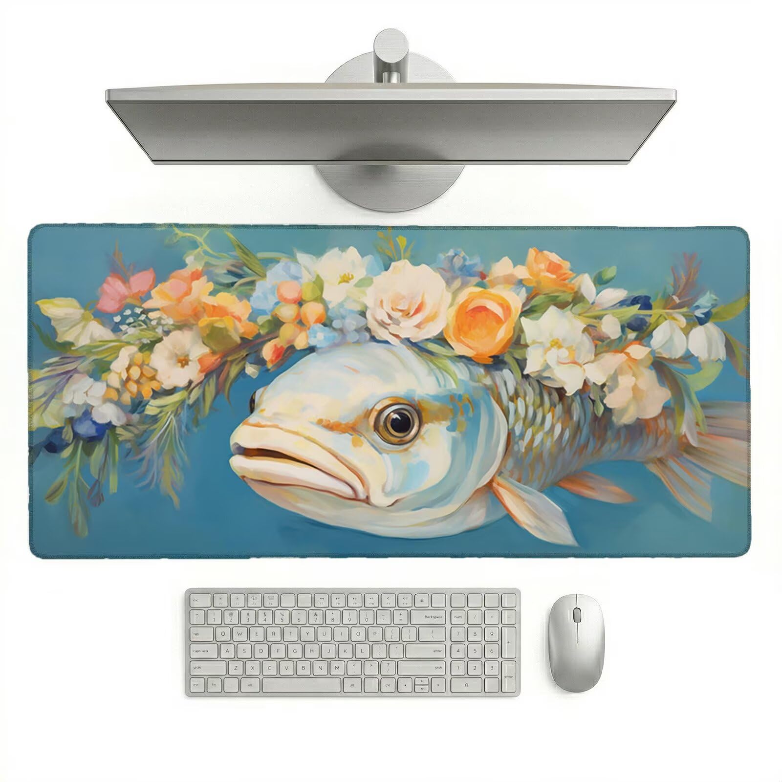 Alfombrilla Ratón XXL 1200 x 600 x 3 mm, Alfombrilla Escritorio, Nórdico Grande Protector de Mesa con Base de Goma Antideslizante y Bordes Cosidos, Impermeable, para Oficina, PC, Gaming (Pez) L-x642