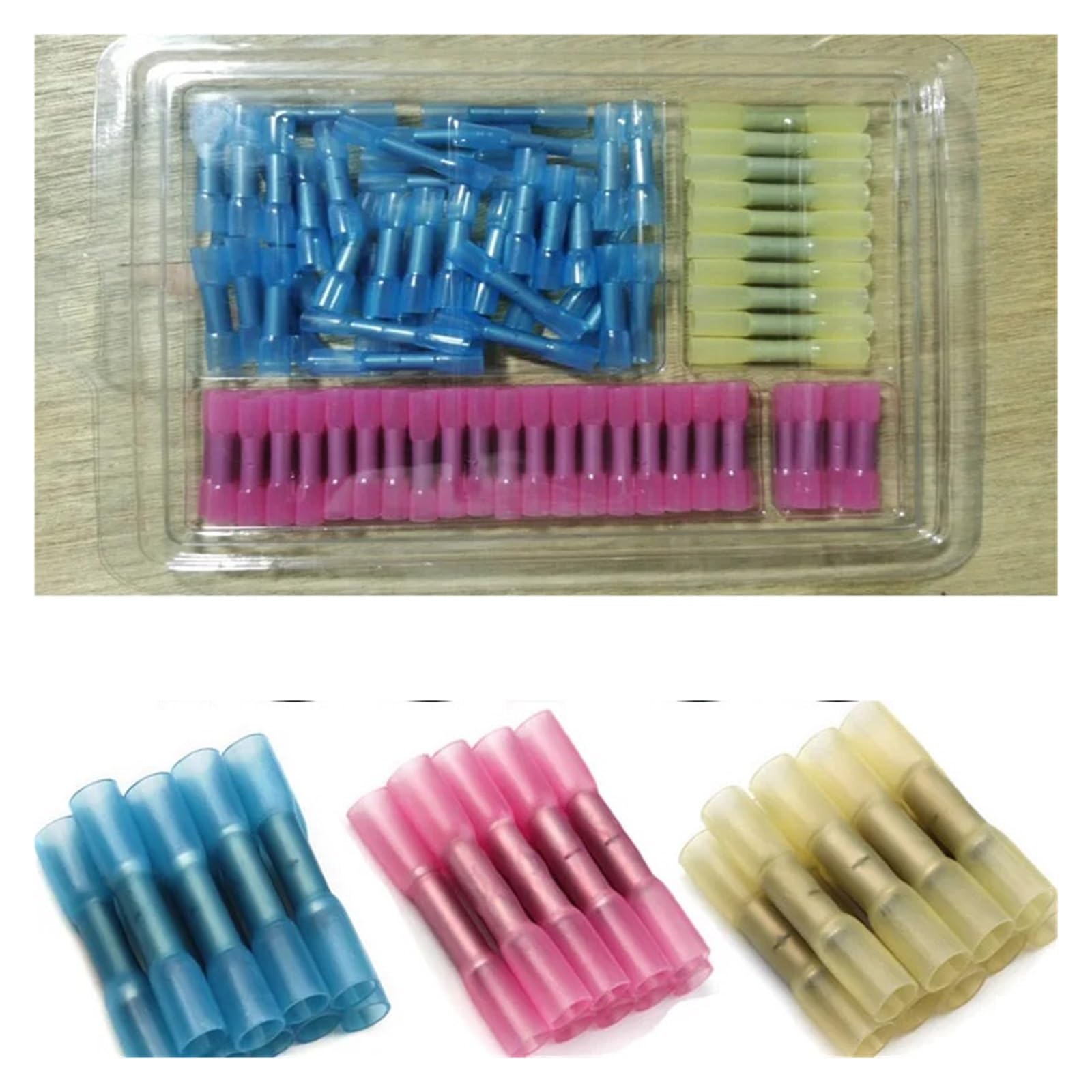 VWWJCCRO 100PCS Boxed Electrical Wire Terminal Heat Shrink Butt Crimp Terminals Red Insulated Seal Wire Connectors 22-10 AWG