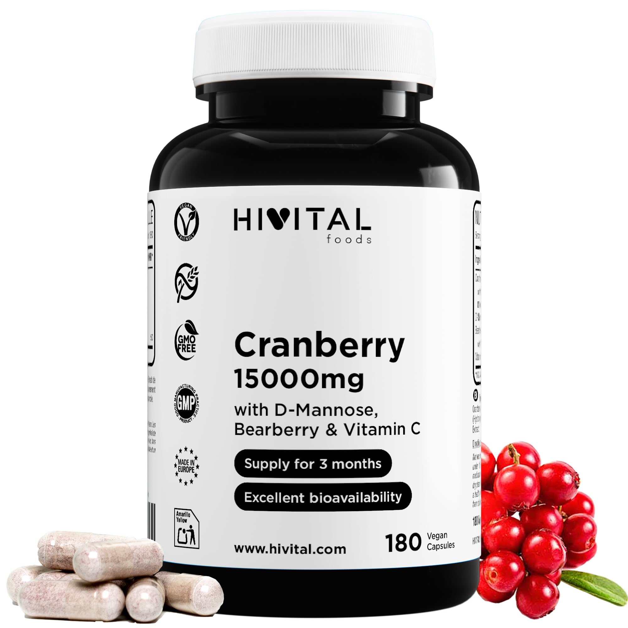 Arándano Rojo Americano 15000 mg. 180 cápsulas veganas para 3 meses de tratamiento. Con D-​Manosa, Gayuba y Vitamina C. Cranberry 100% Natural. Fabricado en España por HIVITAL