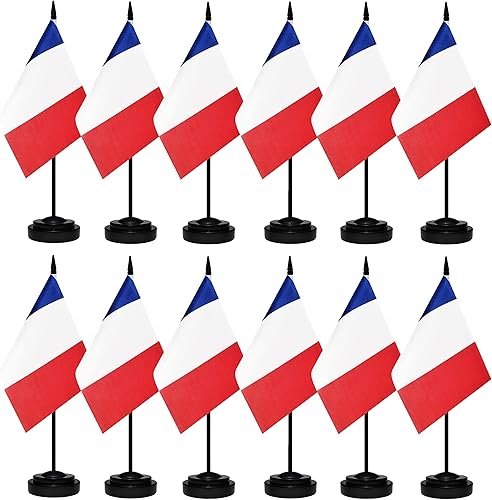 Miniatura 53 de Juego de 12 banderas de escritorio de España, pequeñas banderas españolas de oficina con poste negro sólido de 12 pulgadas, base negra y parte