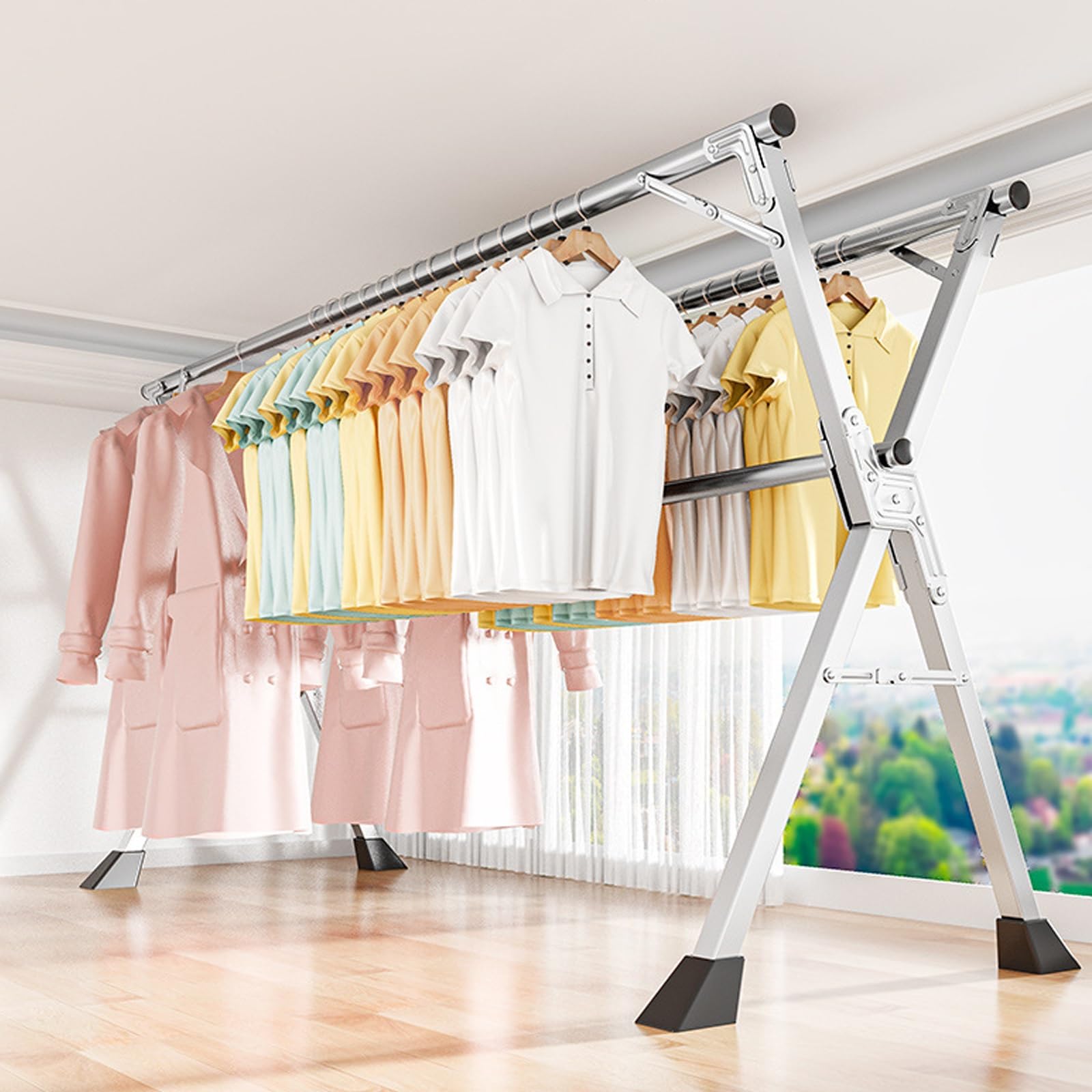 Clothes Drying Rack, Stainless Steel Drying Rack Clothing Folding Indoor Outdoor, Heavy Duty Length Adjustable Saves Space Laundry Drying Rack(62.99in)