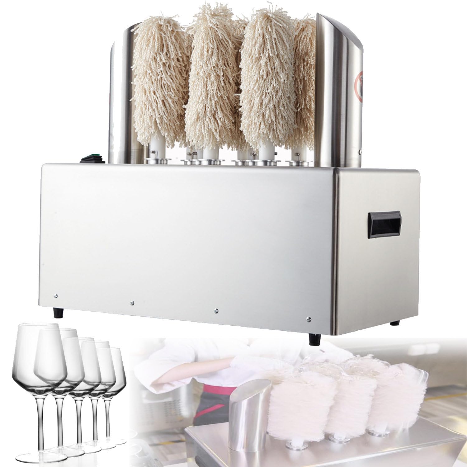 SICWEDIM Electric Glass Polisher,Commercial Wine Glass Polishing Machine,Stainless Steel Glassware Cleaner for Bars Restaurants Hotels Kitchen Winery (8heads)