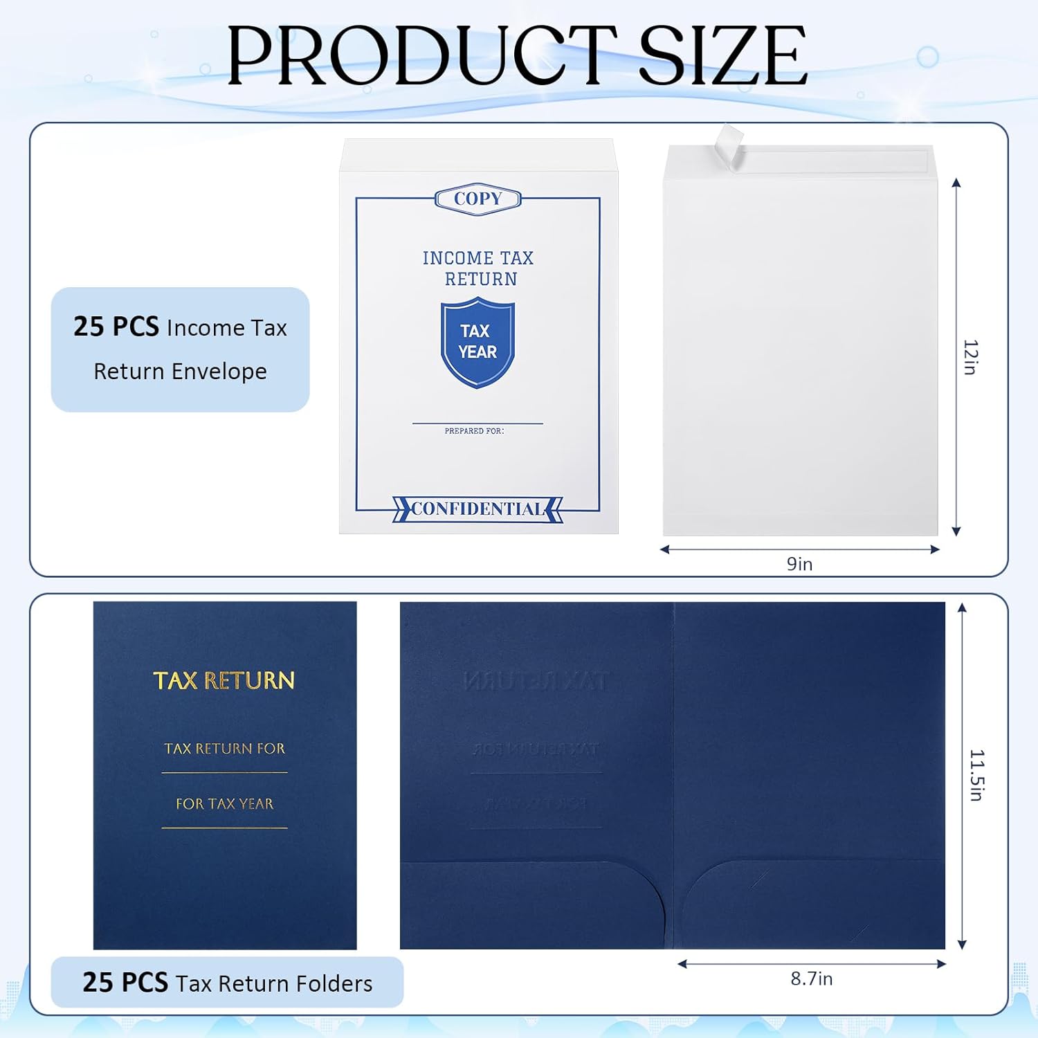 Skyygemm 50 Pcs 9 x 12 Inch Tax Return Envelopes and Tax Return Folders Set 25 White Open End Envelopes 25 Income Levy 2 Pocket Folders Gold Foil Text for Storing or Handling(Blue)