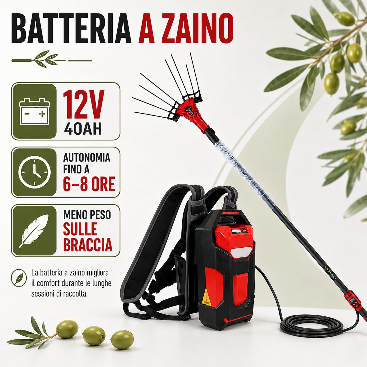 Scuotitore per Olive 600W, 6500 Giri/min, Asta Telescopica 175-270 cm