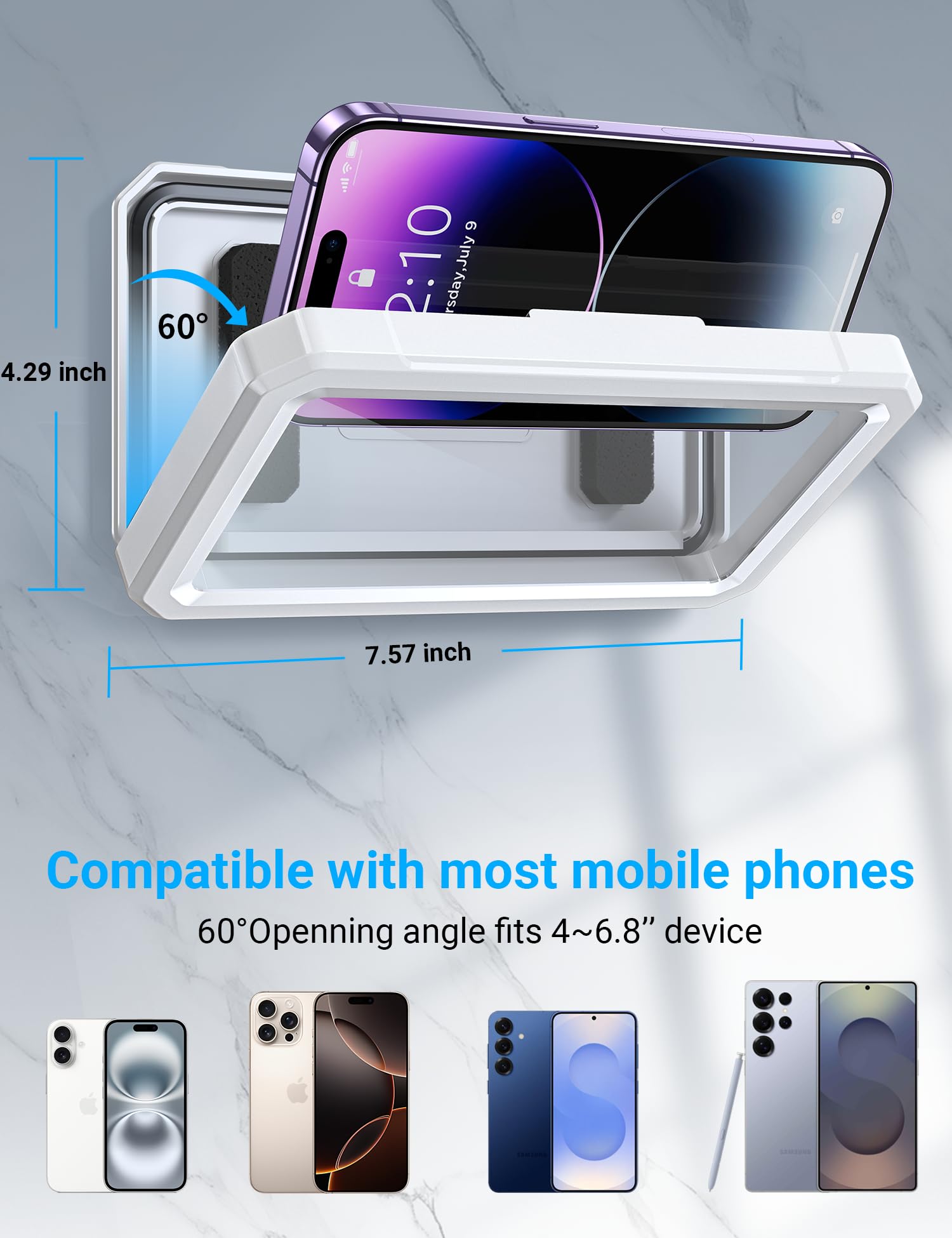 Coolpow Supporto per Telefono da Doccia Impermeabile Custodia Porta Telefono Doccia【480°Regolabile】 Porta Phone Bagno da Muro con Design Anti-appannamento per Cellulari da 4 a 7 Pollici Kit