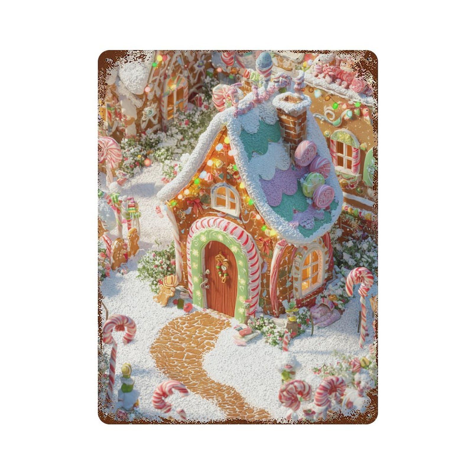 Christmas Gingerbread Village Scene Rustic Tin Plaque 15.7"x11.8", Vintage Wall Decor for Garage, Pub Or Kitchen