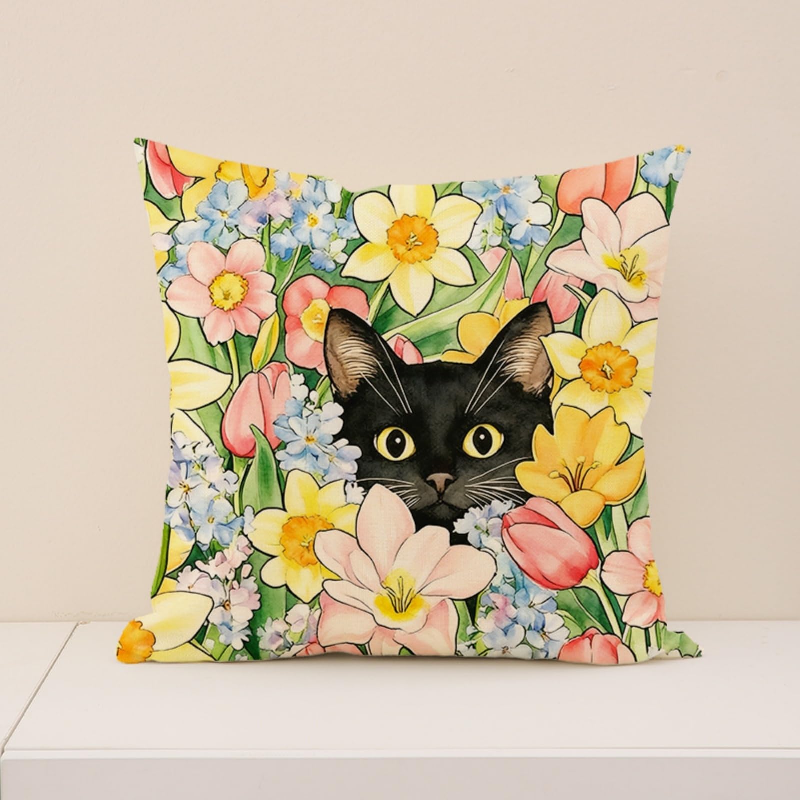 Cushion Covers 60cm x 60cm Black Cat Large cushions with covers included - Linen Square Decorative Throw Pillowcases with Invisible Zipper, for Livingroom Sofa Bedroom